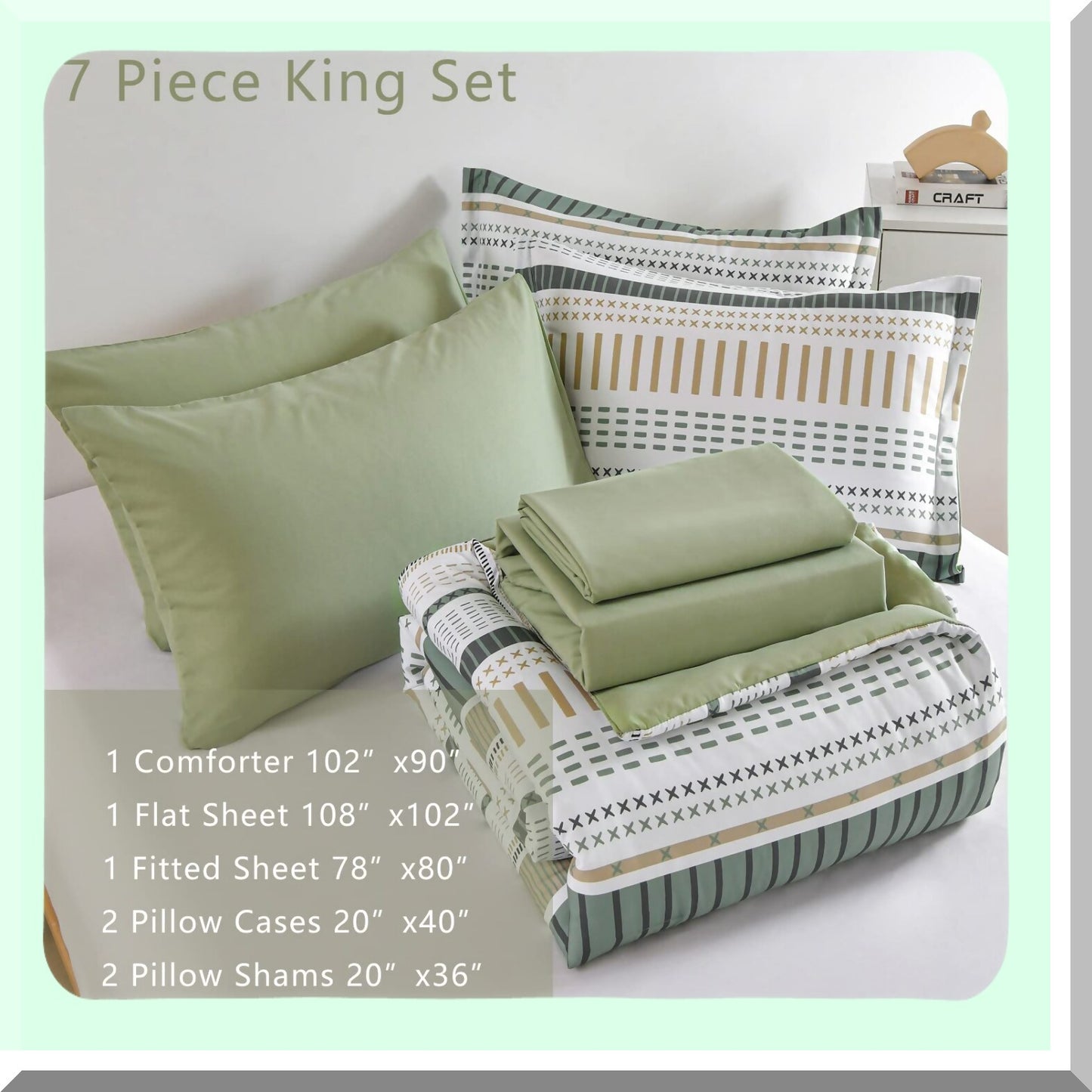 Sage Green Boho Stripe 7-Piece Comforter Set - Soft Microfiber Bedding Set with Patchwork Stripes - All Season Bed in a Bag - White and Green