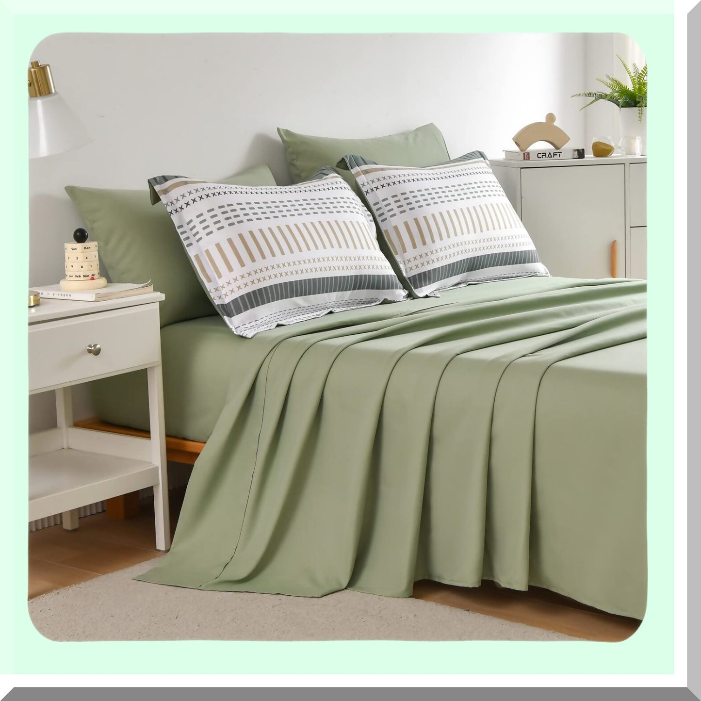 Sage Green Boho Stripe 7-Piece Comforter Set - Soft Microfiber Bedding Set with Patchwork Stripes - All Season Bed in a Bag - White and Green