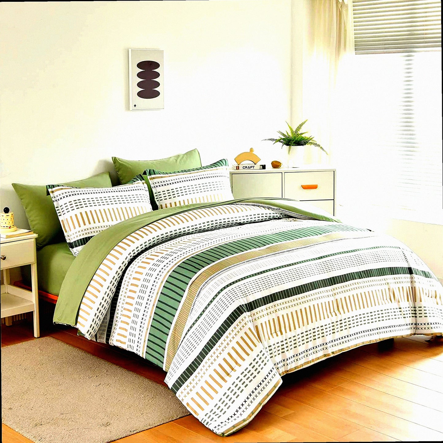 Sage Green Boho Stripe 7-Piece Comforter Set - Soft Microfiber Bedding Set with Patchwork Stripes - All Season Bed in a Bag - White and Green