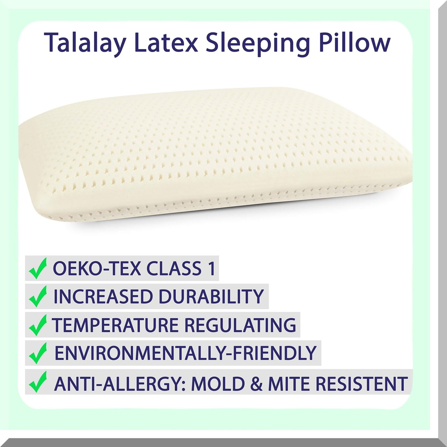 Luxury Talalay Latex Queen Pillow - Medium Support, 100% Cotton Sateen Cover, High Profile Bed Pillow for Sleeping, Made in USA