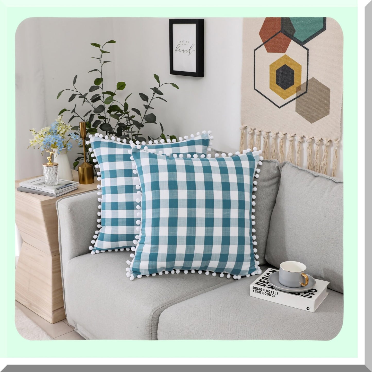 Rustic Farmhouse Teal Buffalo Plaid Pompom Pillow Cases - Set of 2 Throw Pillow Covers with Tartan Checkered Design for Sofa Couch, 20 x 20 Inch