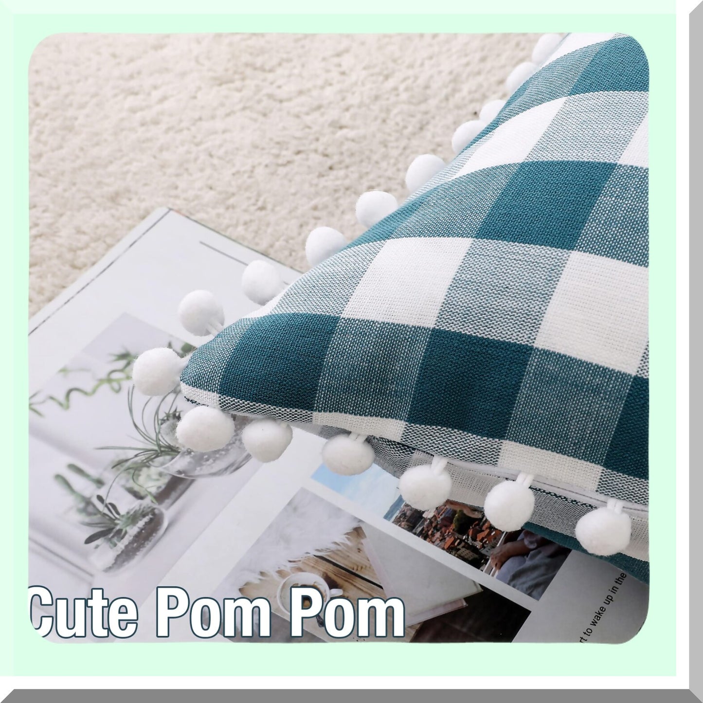 Rustic Farmhouse Teal Buffalo Plaid Pompom Pillow Cases - Set of 2 Throw Pillow Covers with Tartan Checkered Design for Sofa Couch, 20 x 20 Inch