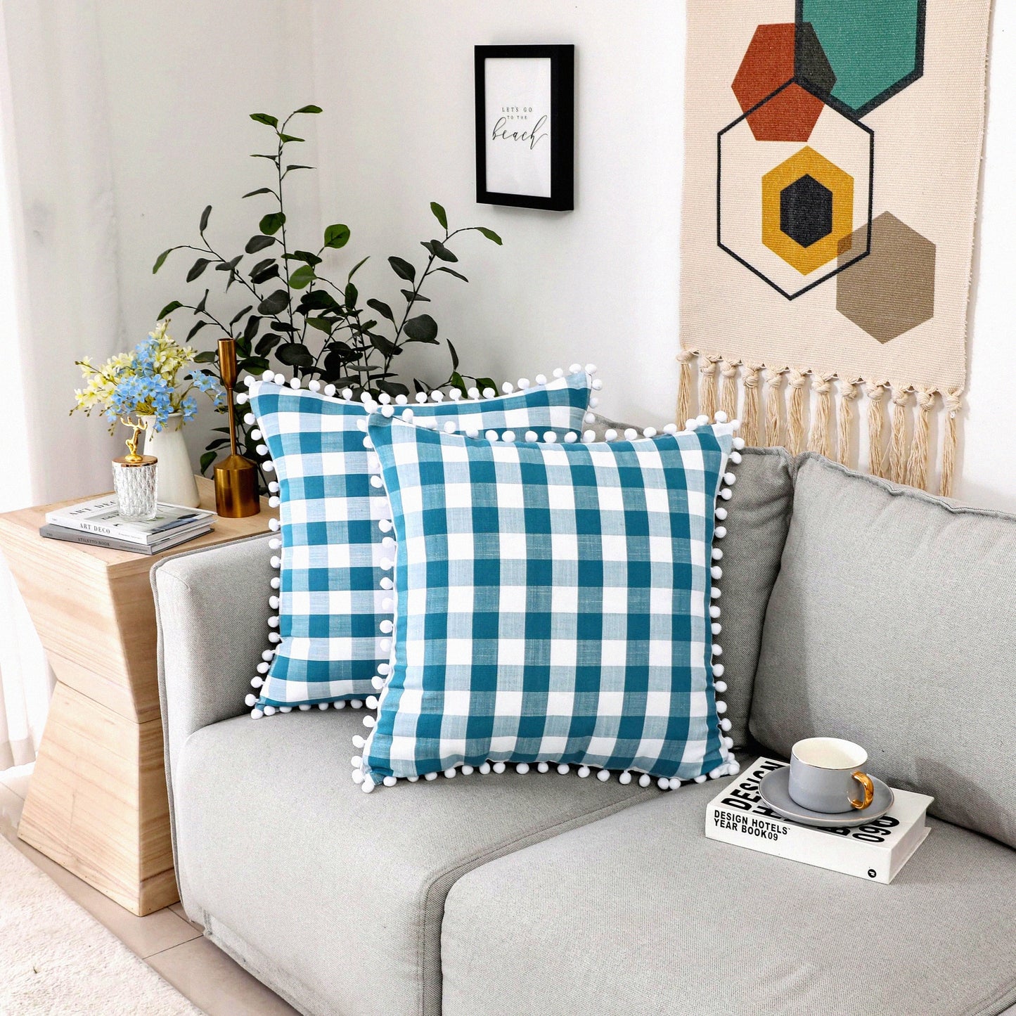Rustic Farmhouse Teal Buffalo Plaid Pompom Pillow Cases - Set of 2 Throw Pillow Covers with Tartan Checkered Design for Sofa Couch, 20 x 20 Inch