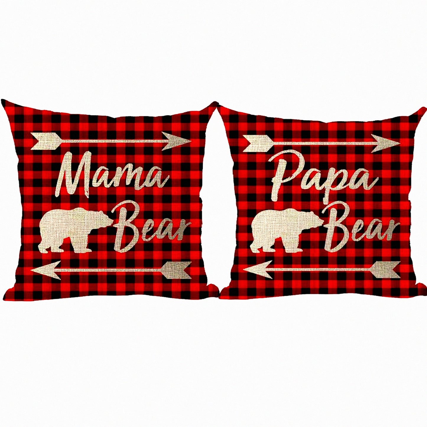 Merry Bear Arrow Claret Wine Red Plaid Throw Pillow Cover - Home Living Room Bed Sofa Car Decor - Cotton Linen Square 18 x 18 Inches
