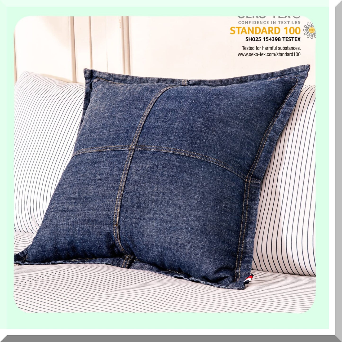 Blue Denim Decorative Pillow Cover Set - 100% Cotton Washed Cushion Covers for Car Sofa Bedroom - Soft Square Double Stitching Shell - 18x18 Inch - Pack of 2