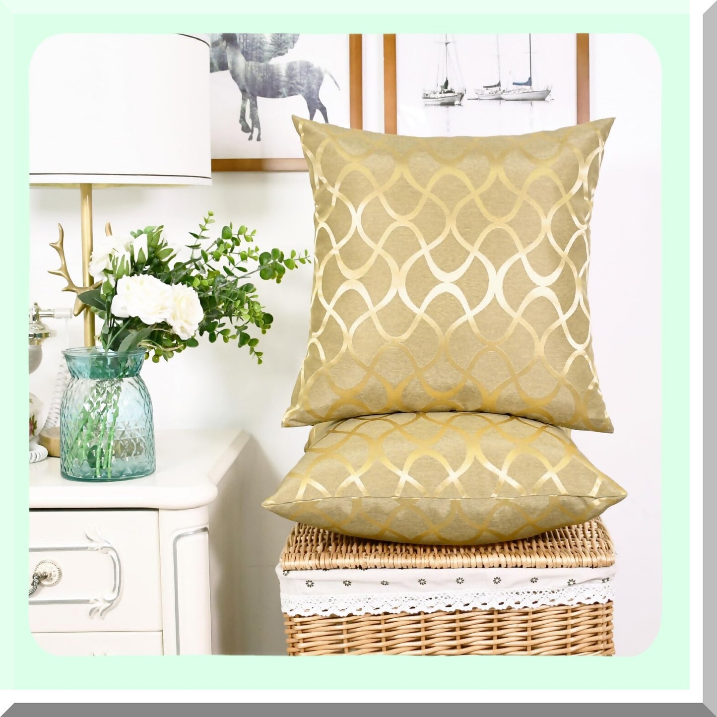 Golden Waveform Cushion Covers - Set of 2 Modern Abstract Geometric Pillow Cases for Couch, Bed, Sofa - Farmhouse Decor 20x20"