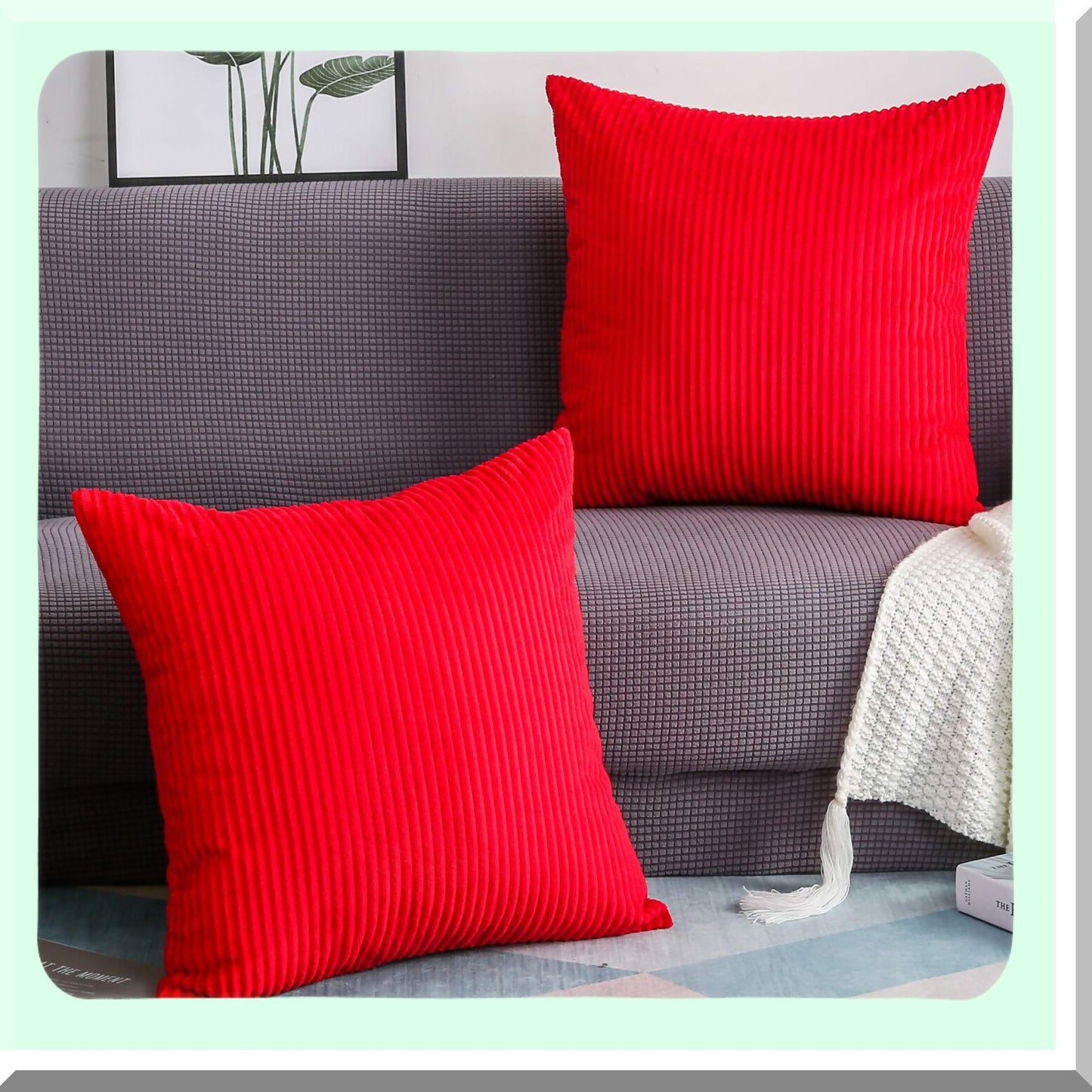 Luxury Velvet Stripe Corduroy Pillow Covers - Set of 2 Decorative Square Throw Pillow Cases 22"x22" - Soft Plush Cushion Covers for Home Decor - Red