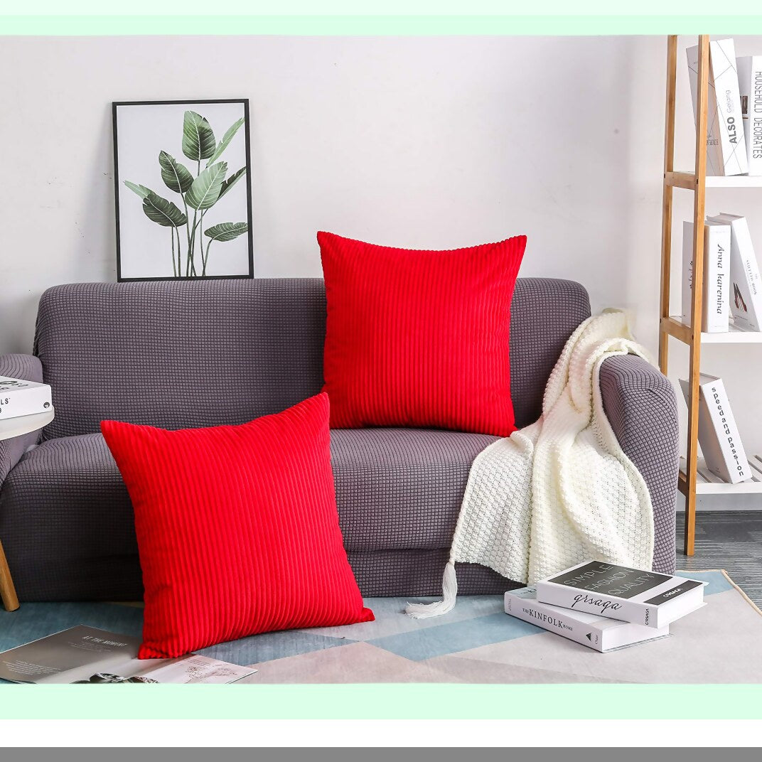 Luxury Velvet Stripe Corduroy Pillow Covers - Set of 2 Decorative Square Throw Pillow Cases 22"x22" - Soft Plush Cushion Covers for Home Decor - Red