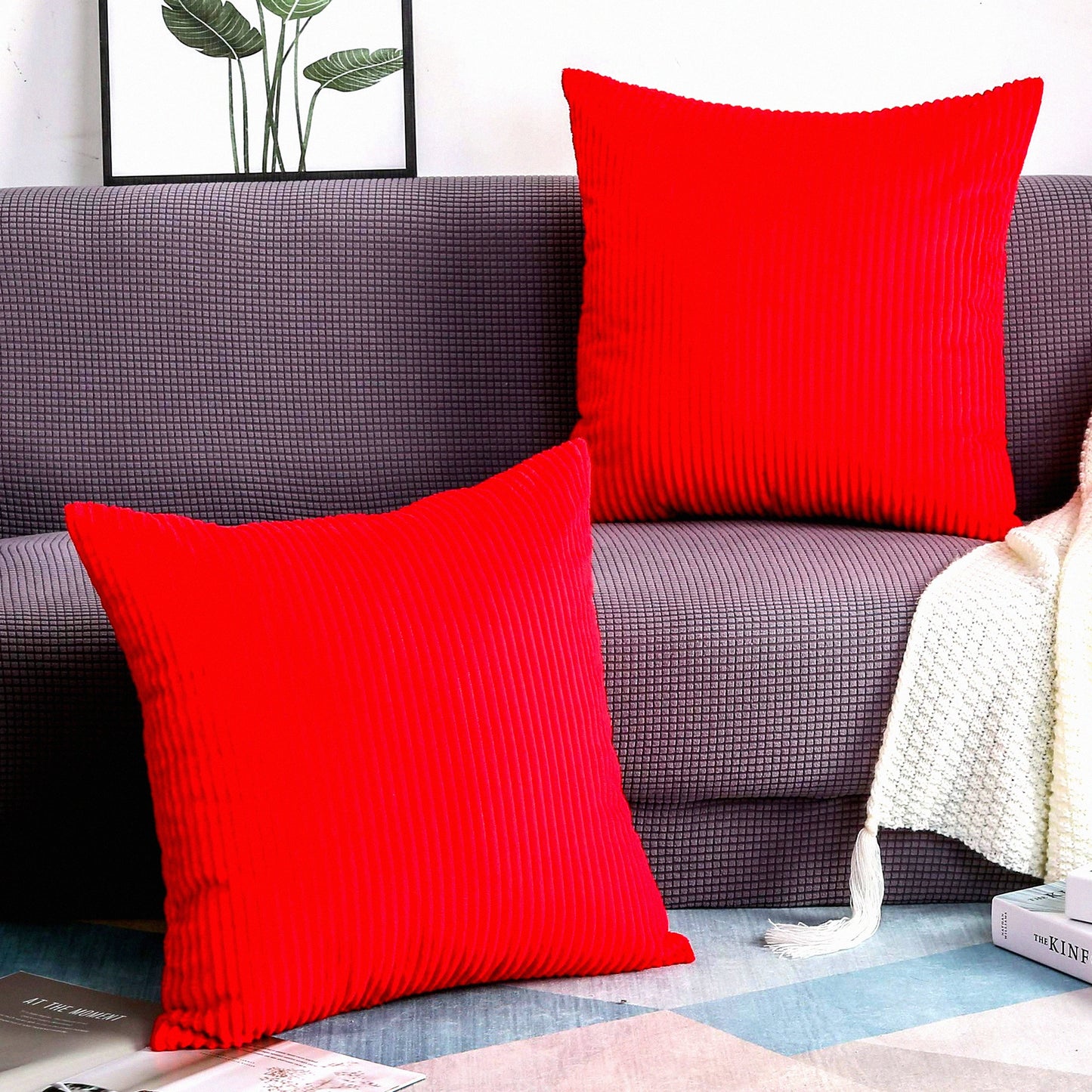 Luxury Velvet Stripe Corduroy Pillow Covers - Set of 2 Decorative Square Throw Pillow Cases 22"x22" - Soft Plush Cushion Covers for Home Decor - Red