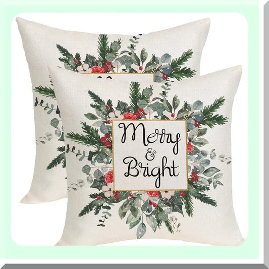 Winter Greenery Pillow Covers - Set of 2 Mistletoe Eucalyptus Leaf Garland Throw Pillowcases | Farmhouse Linen Cushion Cases for Sofa, Couch, Bed - 18x18