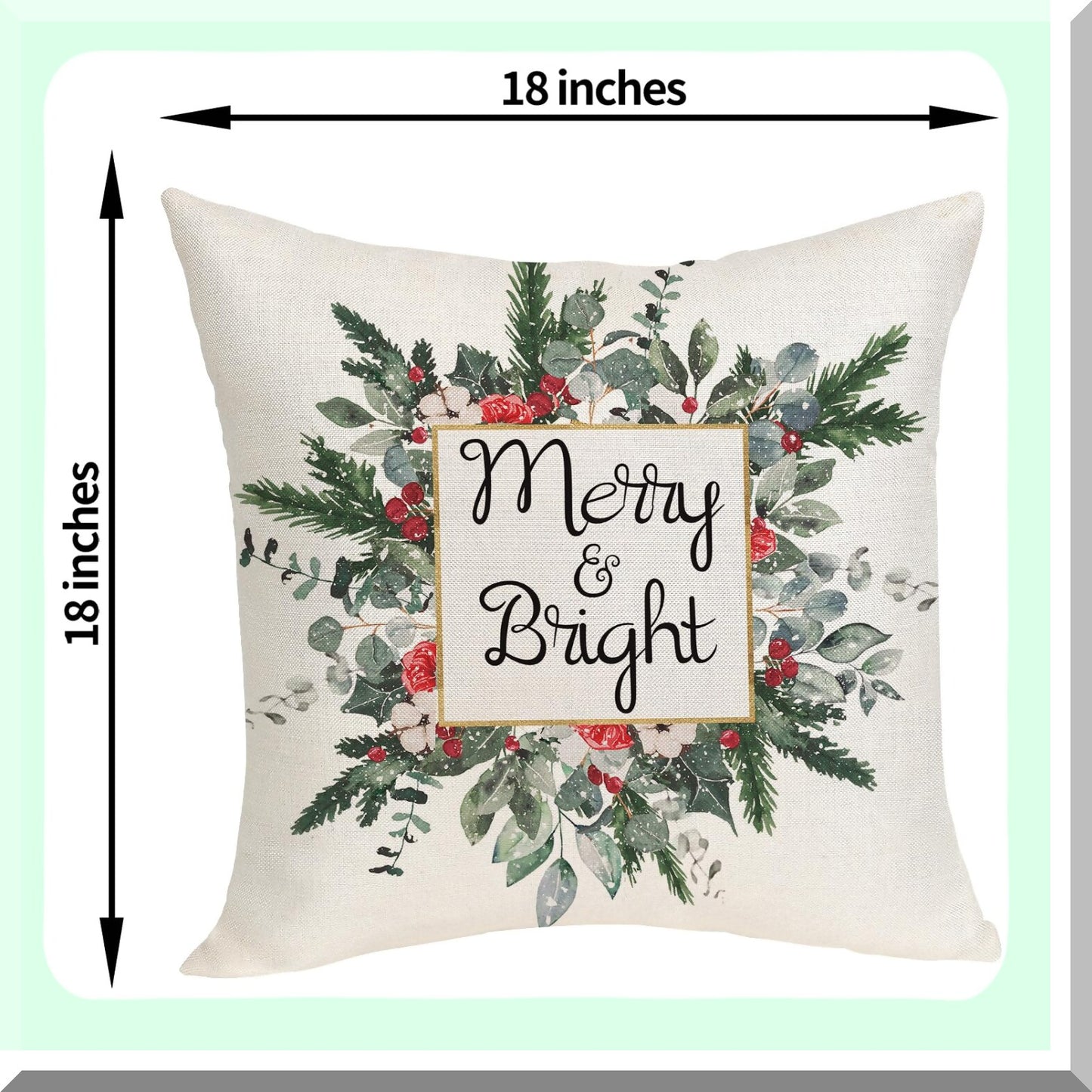 Winter Greenery Pillow Covers - Set of 2 Mistletoe Eucalyptus Leaf Garland Throw Pillowcases | Farmhouse Linen Cushion Cases for Sofa, Couch, Bed - 18x18