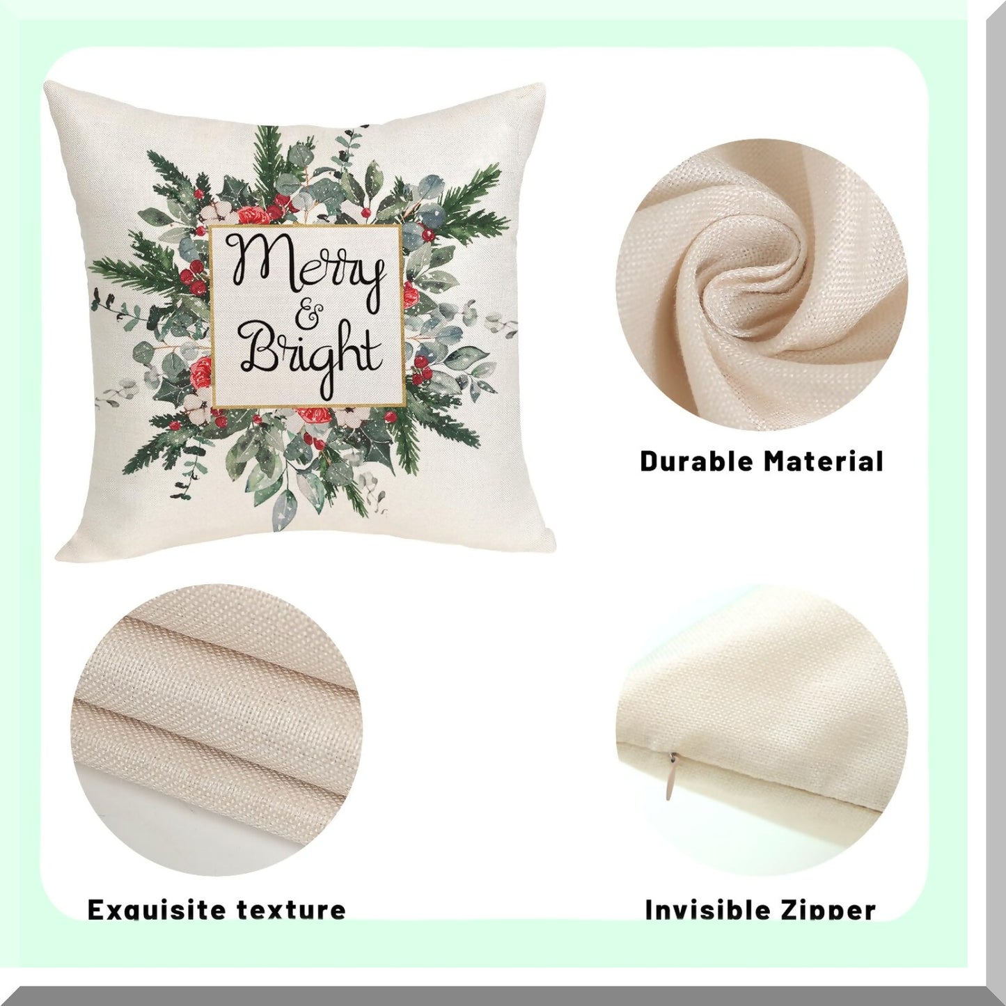 Winter Greenery Pillow Covers - Set of 2 Mistletoe Eucalyptus Leaf Garland Throw Pillowcases | Farmhouse Linen Cushion Cases for Sofa, Couch, Bed - 18x18