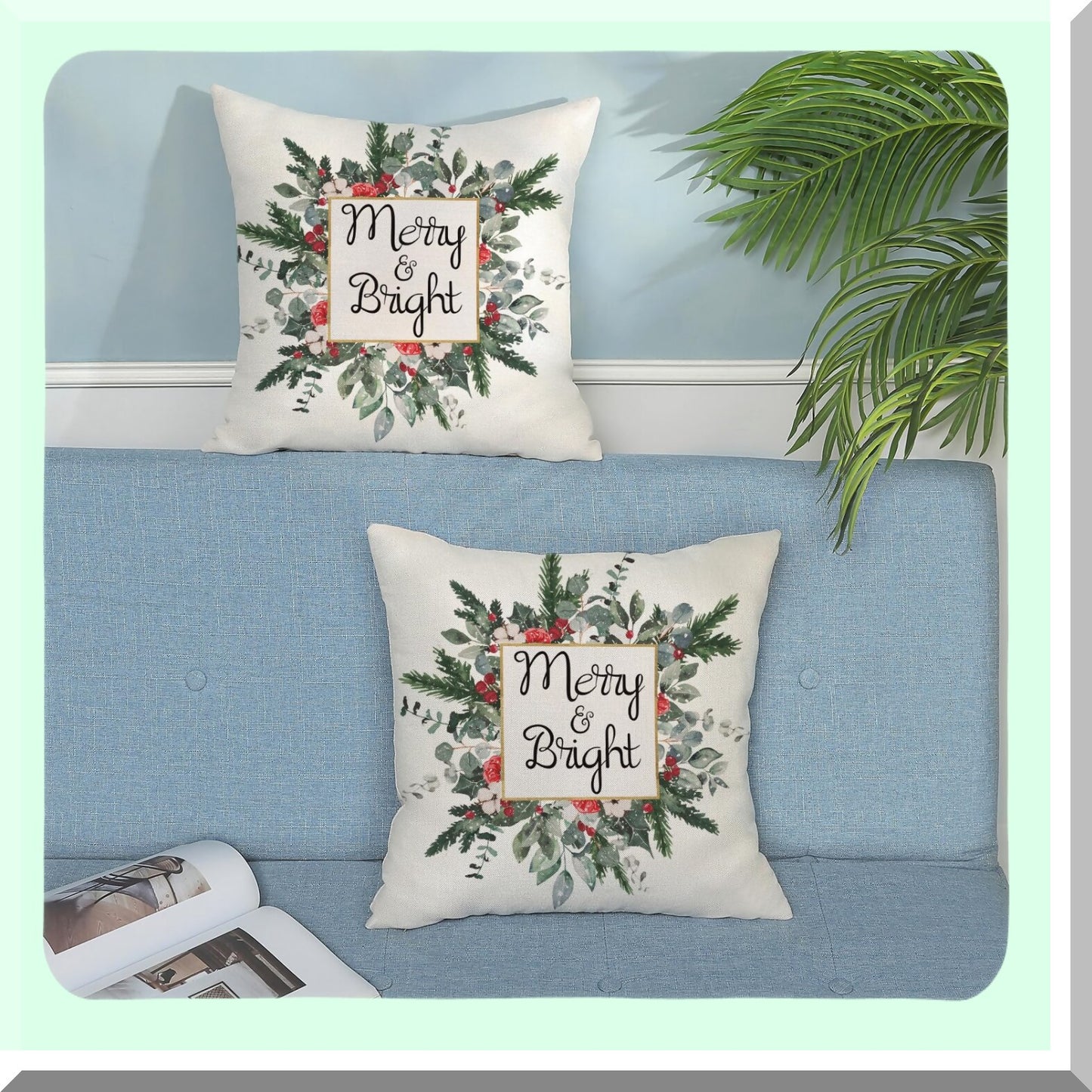 Winter Greenery Pillow Covers - Set of 2 Mistletoe Eucalyptus Leaf Garland Throw Pillowcases | Farmhouse Linen Cushion Cases for Sofa, Couch, Bed - 18x18