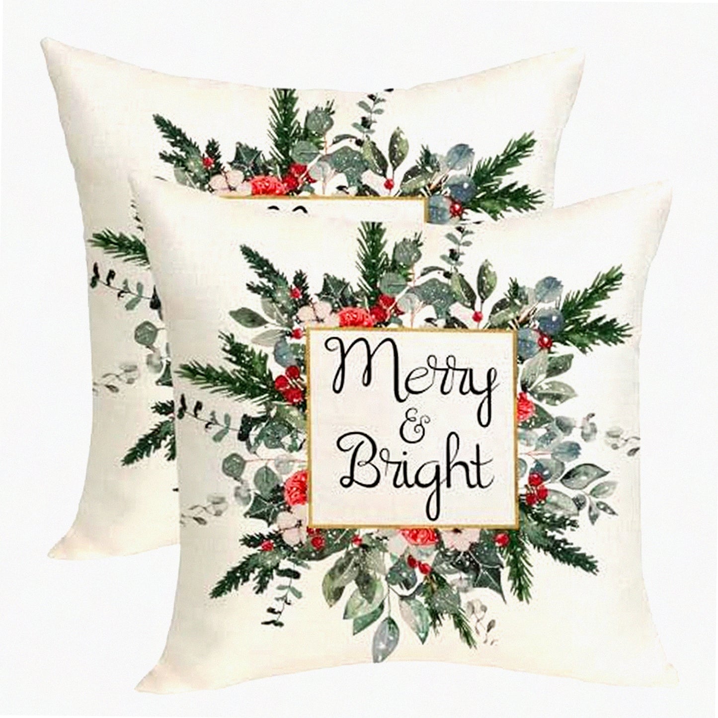 Winter Greenery Pillow Covers - Set of 2 Mistletoe Eucalyptus Leaf Garland Throw Pillowcases | Farmhouse Linen Cushion Cases for Sofa, Couch, Bed - 18x18