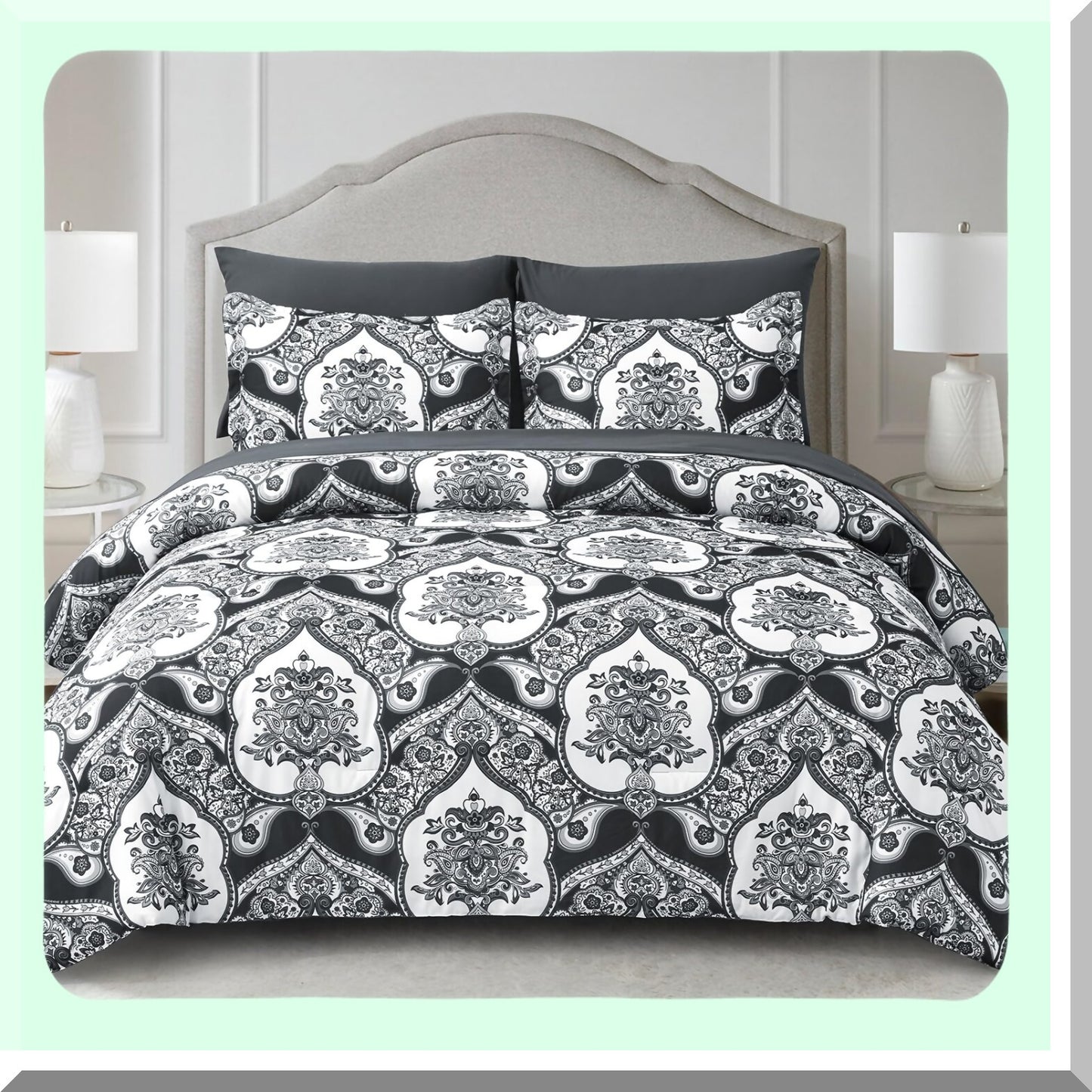 Boho Chic Black Queen Size 7PC Comforter Set - Bohemian Bed in a Bag with Soft Microfiber Bedding - Includes Comforter, Sheet Set, Pillow Shams & Cases