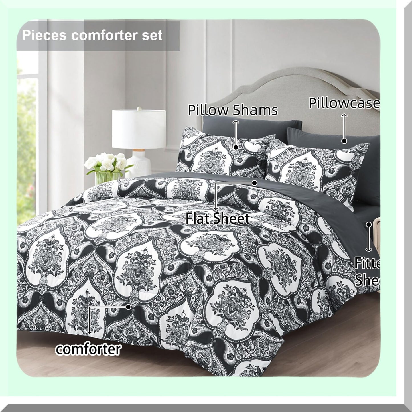 Boho Chic Black Queen Size 7PC Comforter Set - Bohemian Bed in a Bag with Soft Microfiber Bedding - Includes Comforter, Sheet Set, Pillow Shams & Cases