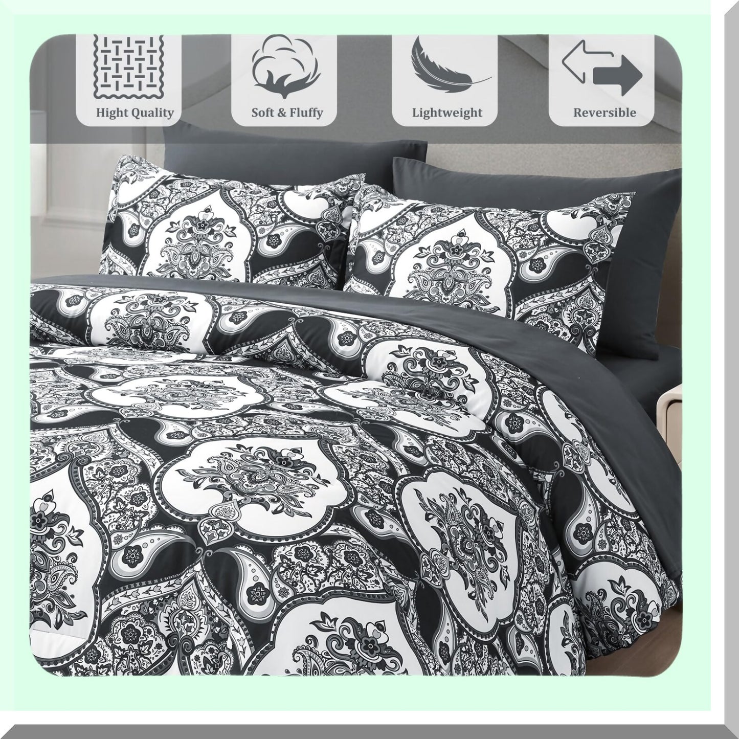 Boho Chic Black Queen Size 7PC Comforter Set - Bohemian Bed in a Bag with Soft Microfiber Bedding - Includes Comforter, Sheet Set, Pillow Shams & Cases