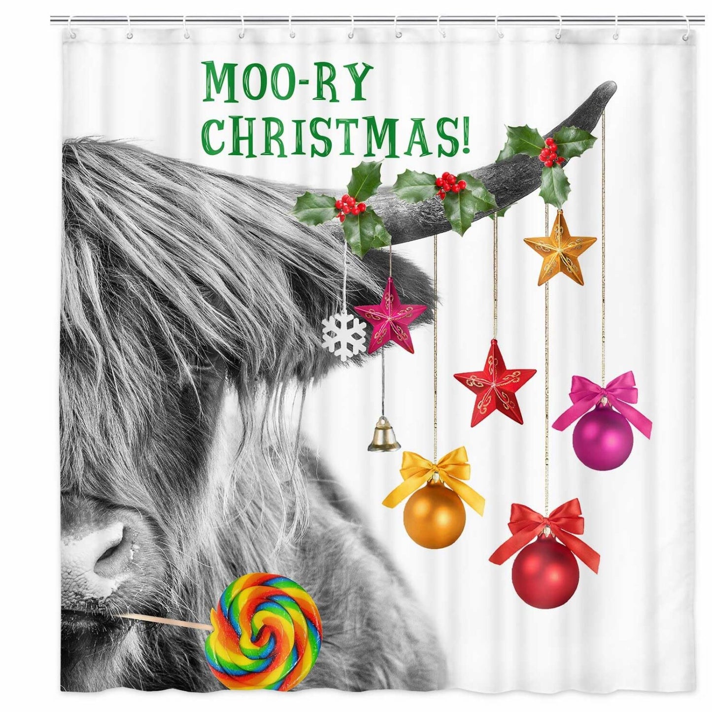 Highland Cow Colorful Xmas Balls Shower Curtain 72x72 inches