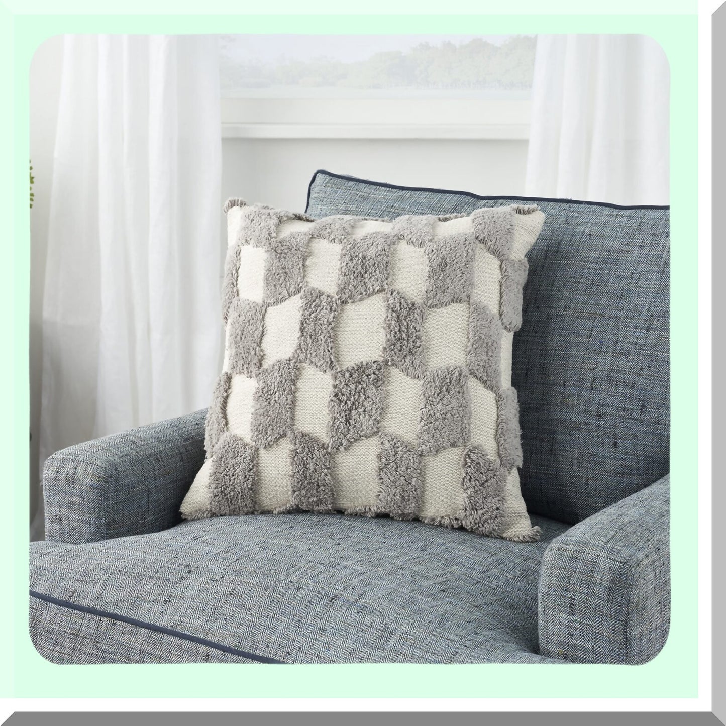 Checkered Tufted Grey Throw Pillow - 18x18 Inch Square Cushion for Sofa, Bed, or Chair - Decorative Accent Pillow with Diagonal Pattern