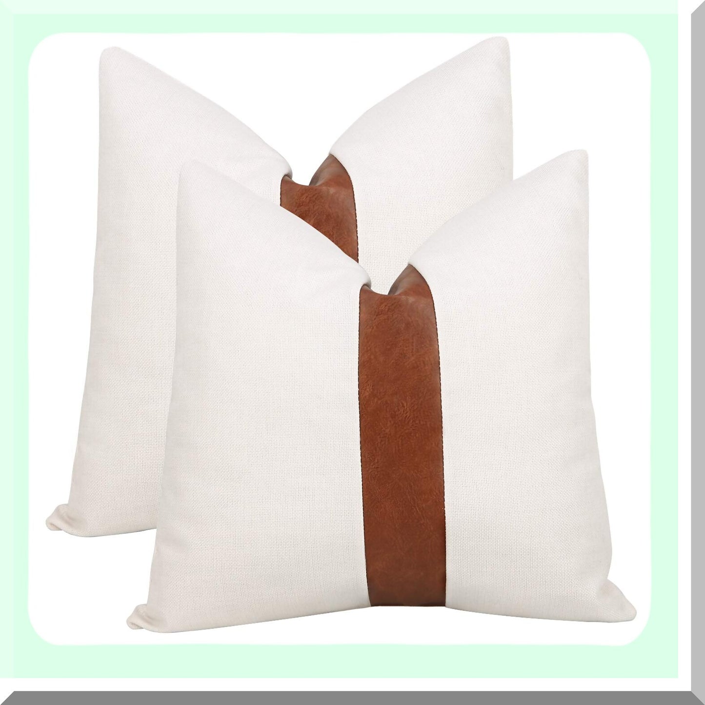 Linen Leather Patchwork Throw Pillow Covers - Set of 2 Modern Accent Decor Square 22x22 inch, Brown & White for Couch Living Room Bedroom