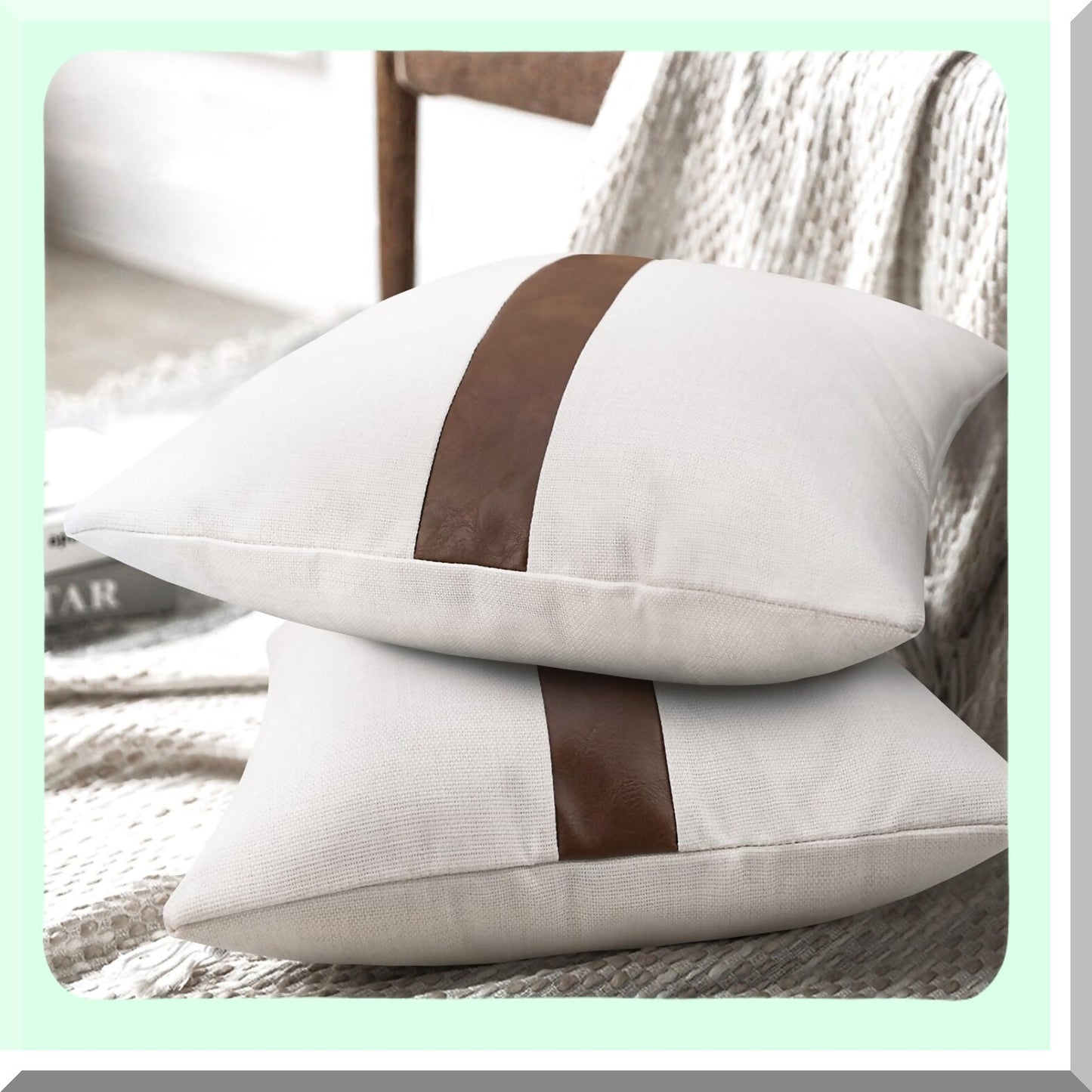 Linen Leather Patchwork Throw Pillow Covers - Set of 2 Modern Accent Decor Square 22x22 inch, Brown & White for Couch Living Room Bedroom