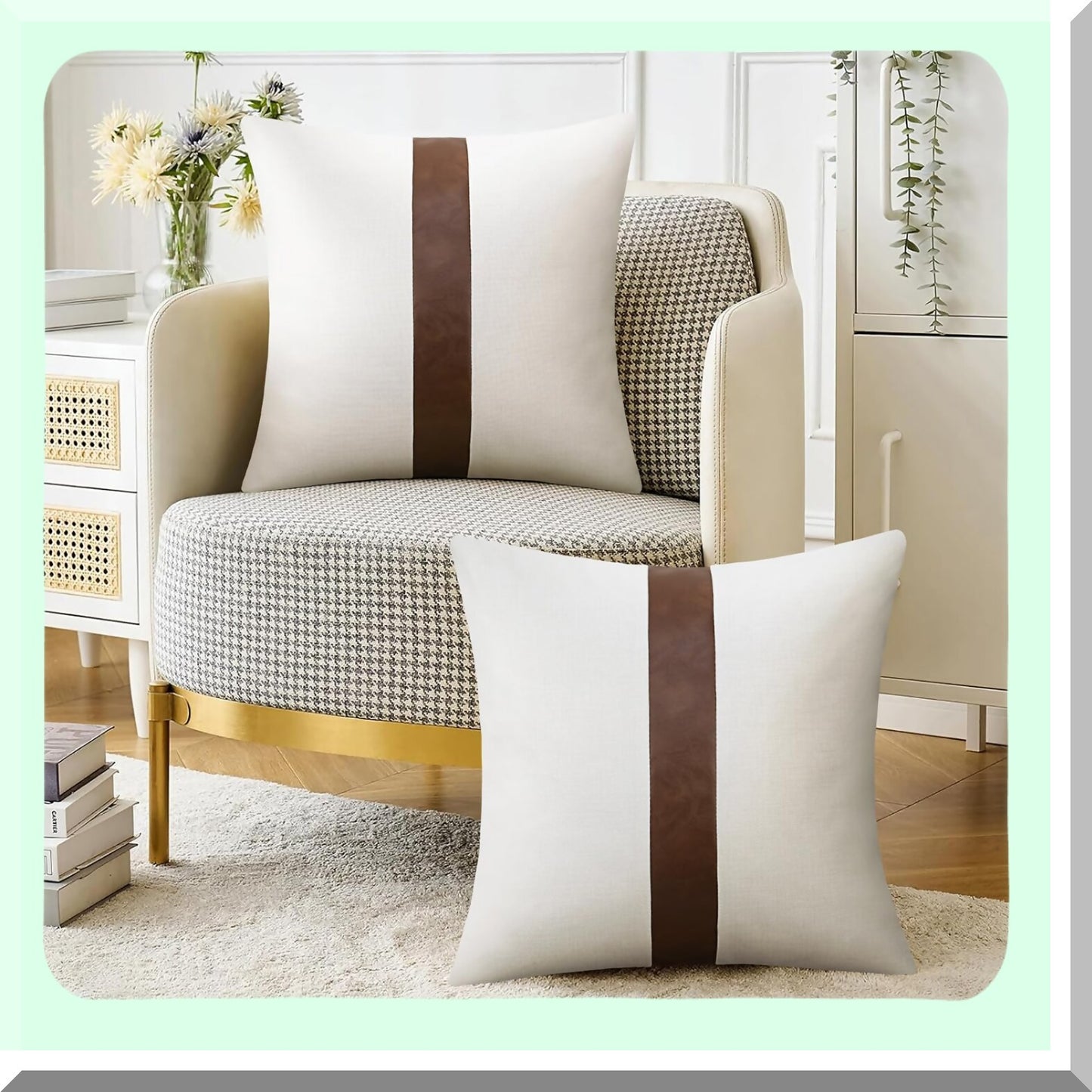 Linen Leather Patchwork Throw Pillow Covers - Set of 2 Modern Accent Decor Square 22x22 inch, Brown & White for Couch Living Room Bedroom