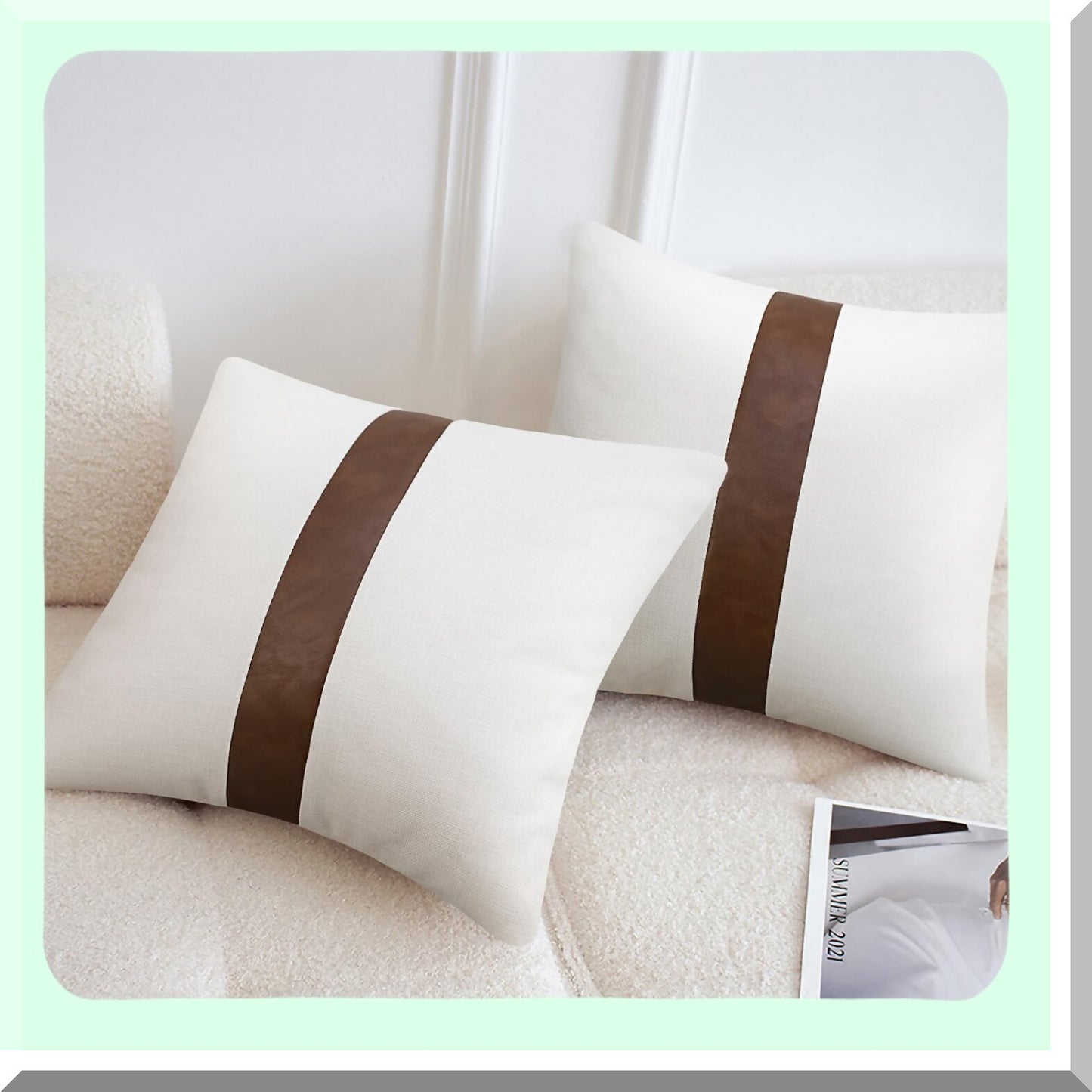 Linen Leather Patchwork Throw Pillow Covers - Set of 2 Modern Accent Decor Square 22x22 inch, Brown & White for Couch Living Room Bedroom