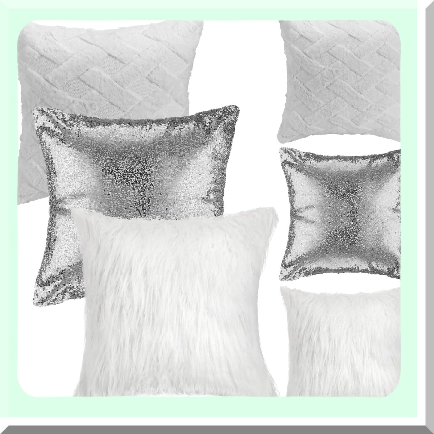 Sequin Fluffy Velvet Decorative Pillow Covers - Set of 6 Plush Short Wool Throw Cases for Couch Bed - 18x18 Inch Grey Silver White - Home Decor