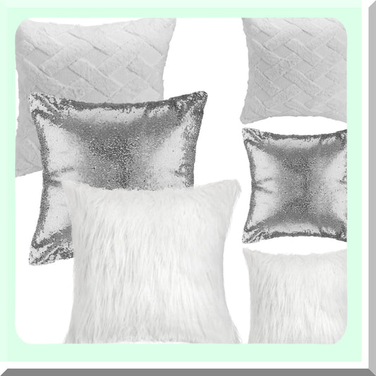 Sequin Fluffy Velvet Decorative Pillow Covers - Set of 6 Plush Short Wool Throw Cases for Couch Bed - 18x18 Inch Grey Silver White - Home Decor
