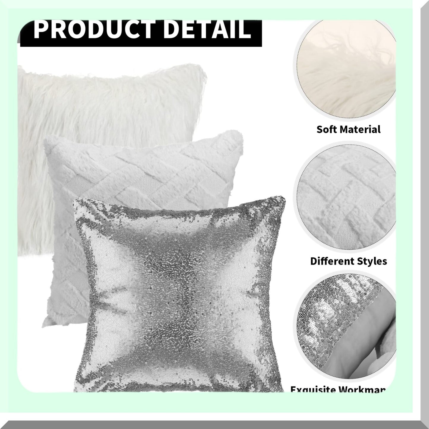 Sequin Fluffy Velvet Decorative Pillow Covers - Set of 6 Plush Short Wool Throw Cases for Couch Bed - 18x18 Inch Grey Silver White - Home Decor