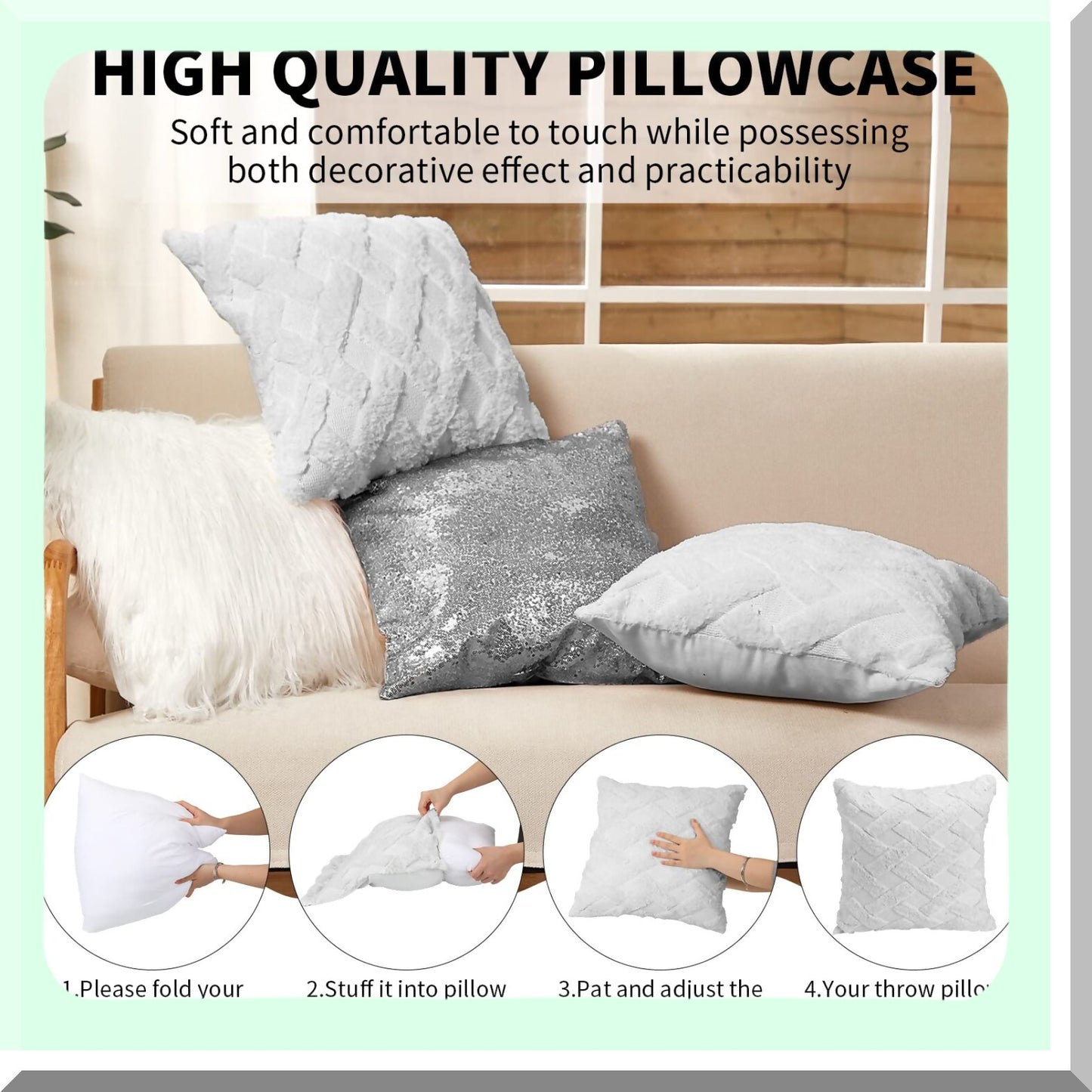 Sequin Fluffy Velvet Decorative Pillow Covers - Set of 6 Plush Short Wool Throw Cases for Couch Bed - 18x18 Inch Grey Silver White - Home Decor