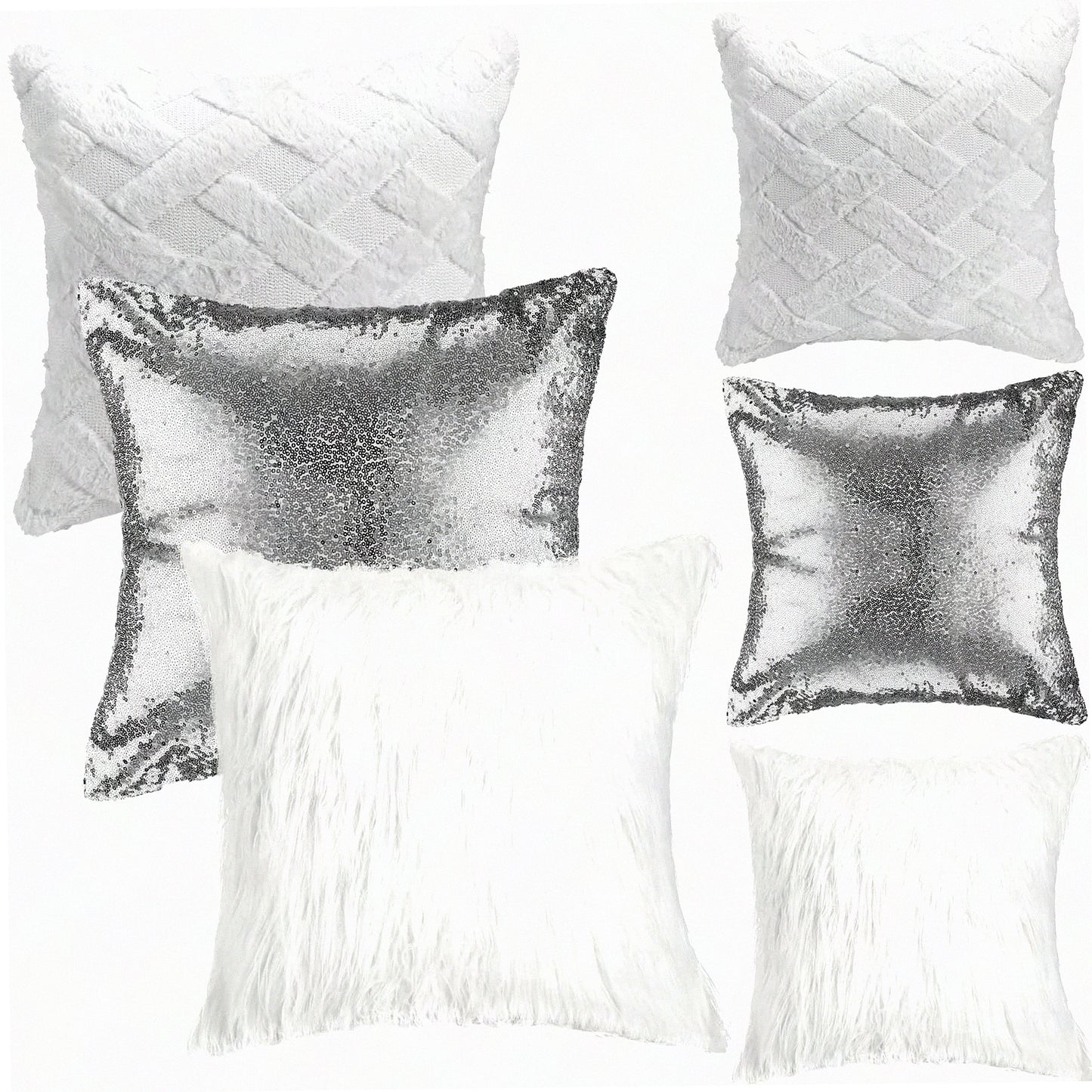 Sequin Fluffy Velvet Decorative Pillow Covers - Set of 6 Plush Short Wool Throw Cases for Couch Bed - 18x18 Inch Grey Silver White - Home Decor