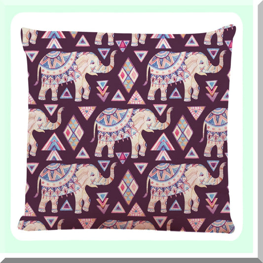 Watercolor Elephant Tribal Square Pillow Covers - Boho Chic Decorative Cushion Cases for Couch, Sofa, Bed - 18x18 inch - Set of 2