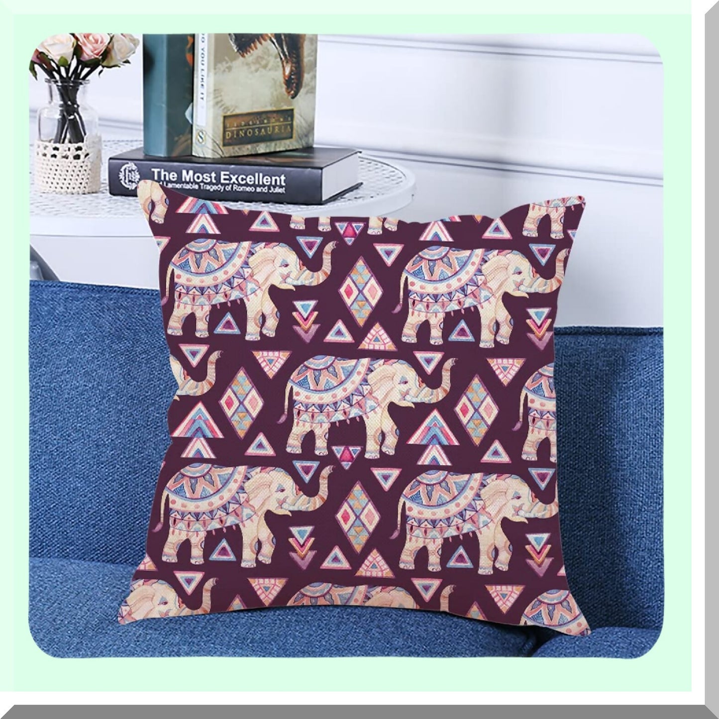 Watercolor Elephant Tribal Square Pillow Covers - Boho Chic Decorative Cushion Cases for Couch, Sofa, Bed - 18x18 inch - Set of 2