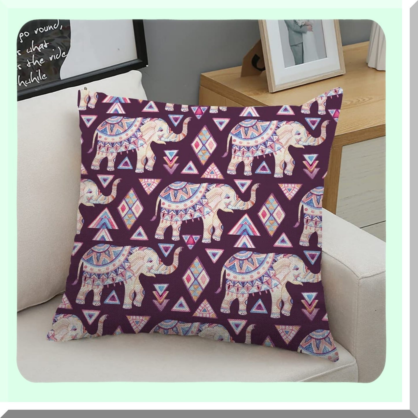 Watercolor Elephant Tribal Square Pillow Covers - Boho Chic Decorative Cushion Cases for Couch, Sofa, Bed - 18x18 inch - Set of 2