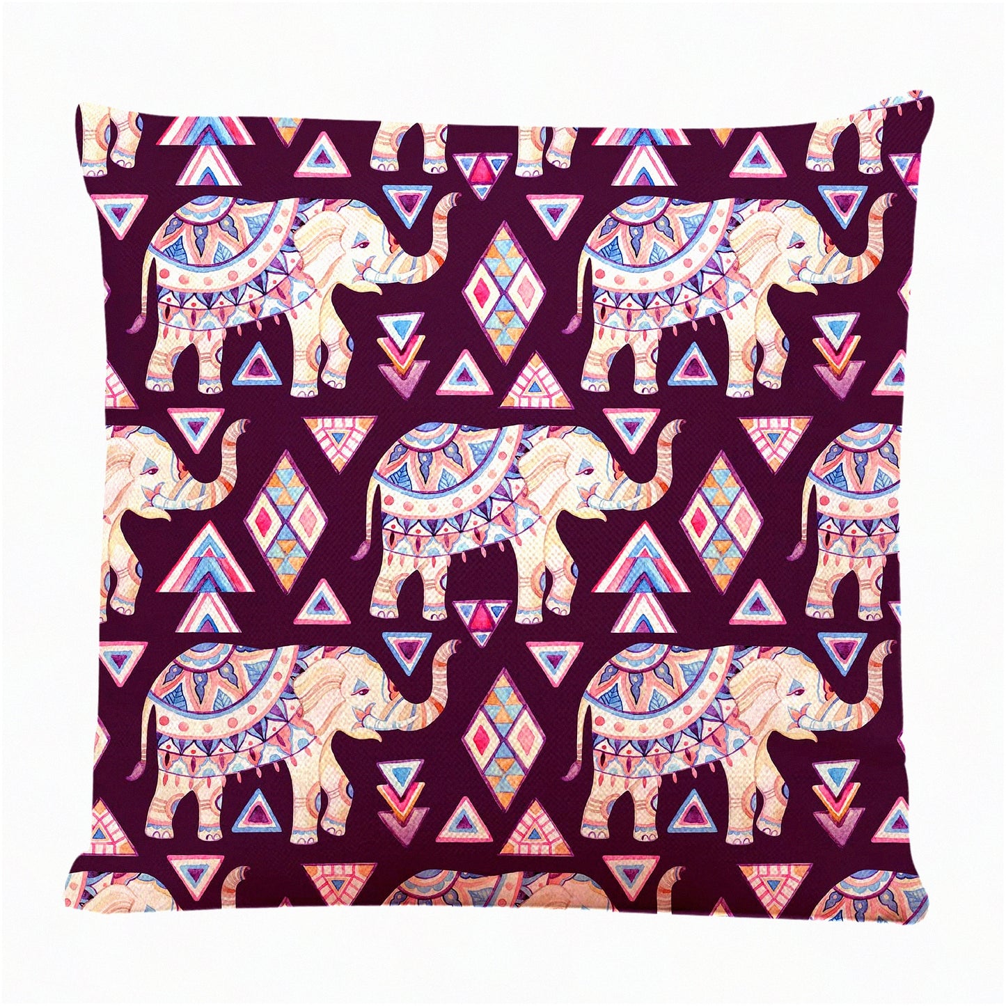Watercolor Elephant Tribal Square Pillow Covers - Boho Chic Decorative Cushion Cases for Couch, Sofa, Bed - 18x18 inch - Set of 2