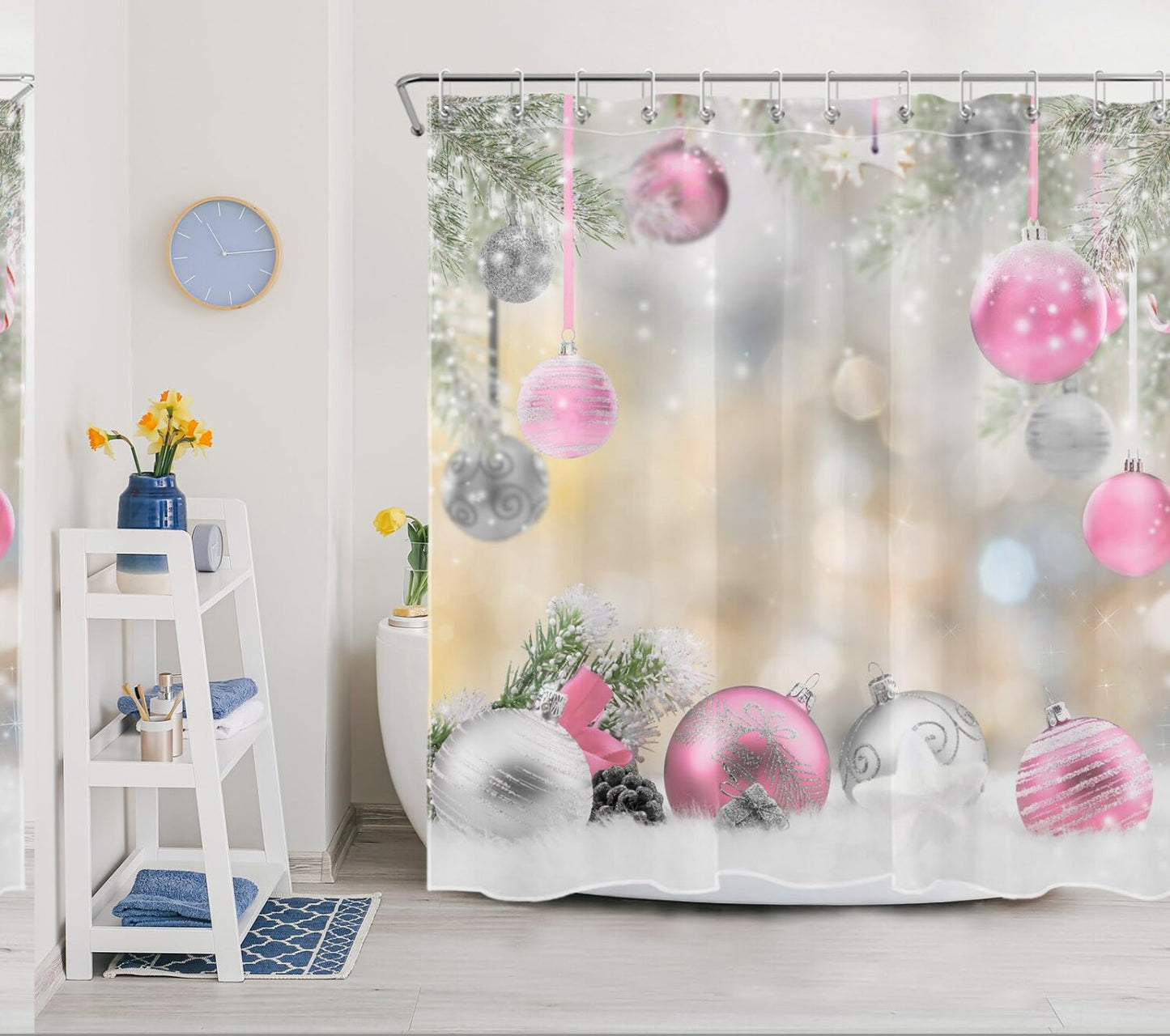 Pink Silver Xmas Balls Shower Curtain 72x72 Inch Waterproof Polyester