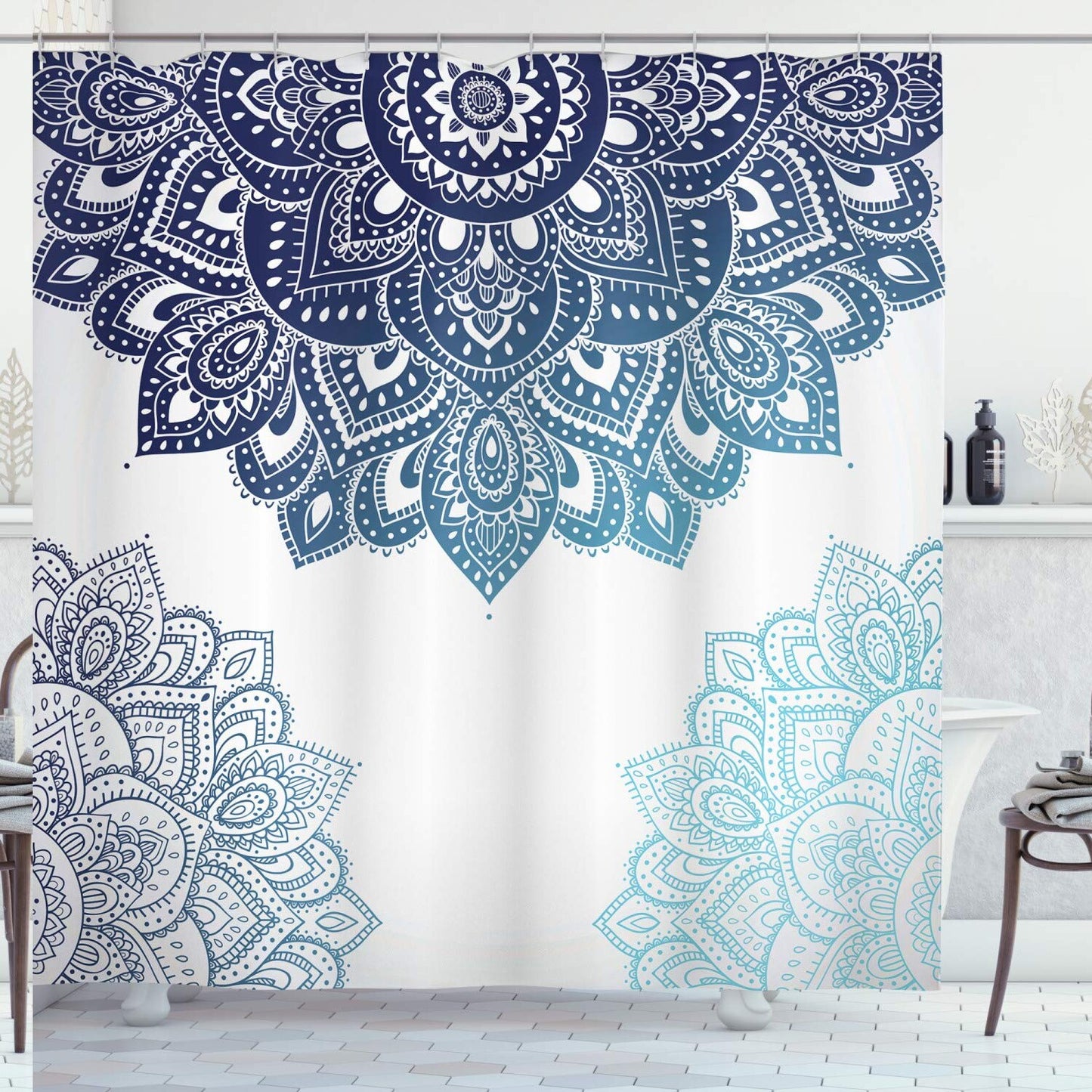 Floral Shower Curtain with Hooks, Blue, 69"x70"