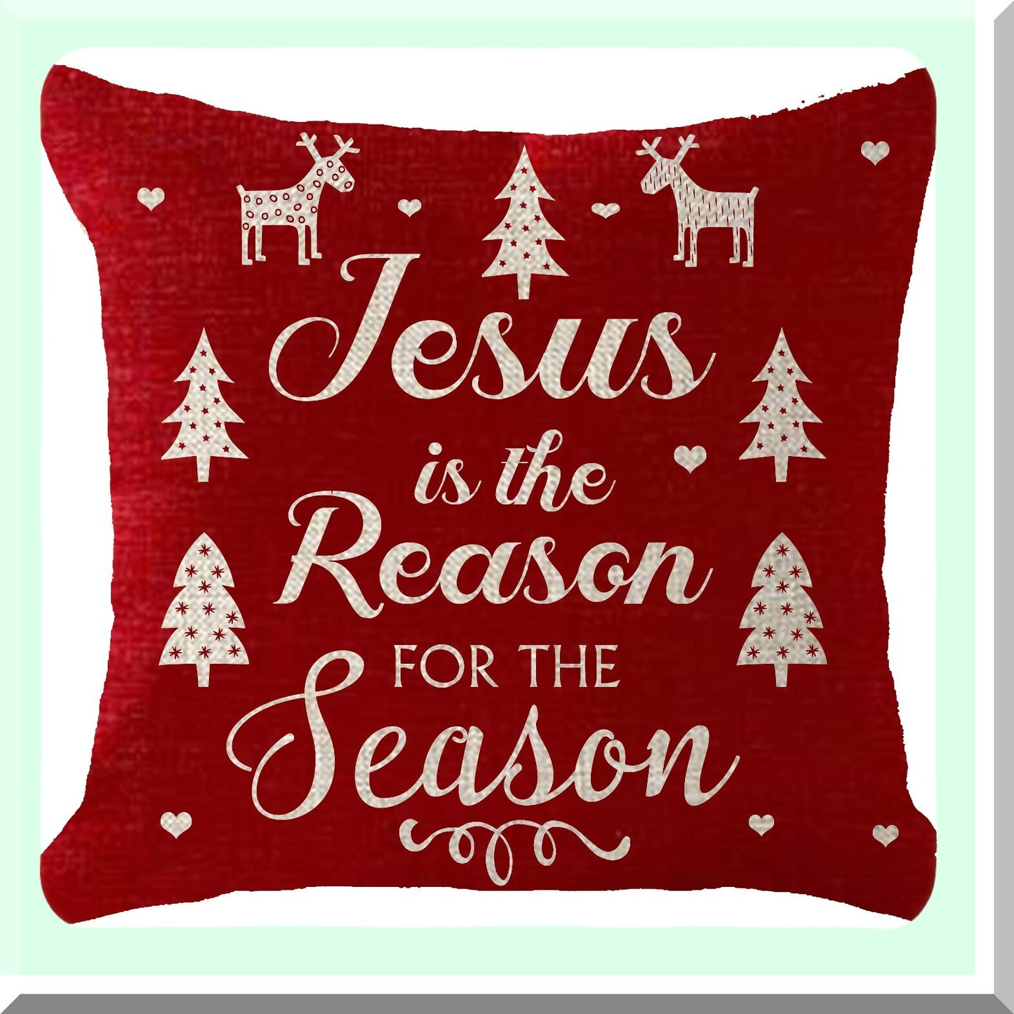 Holiday Cheer Snowflake Deer Tree Heart Pillow Cover - Festive Christmas Decor Cushion Case for Sofa - 18x18 Inch Red Burlap Square