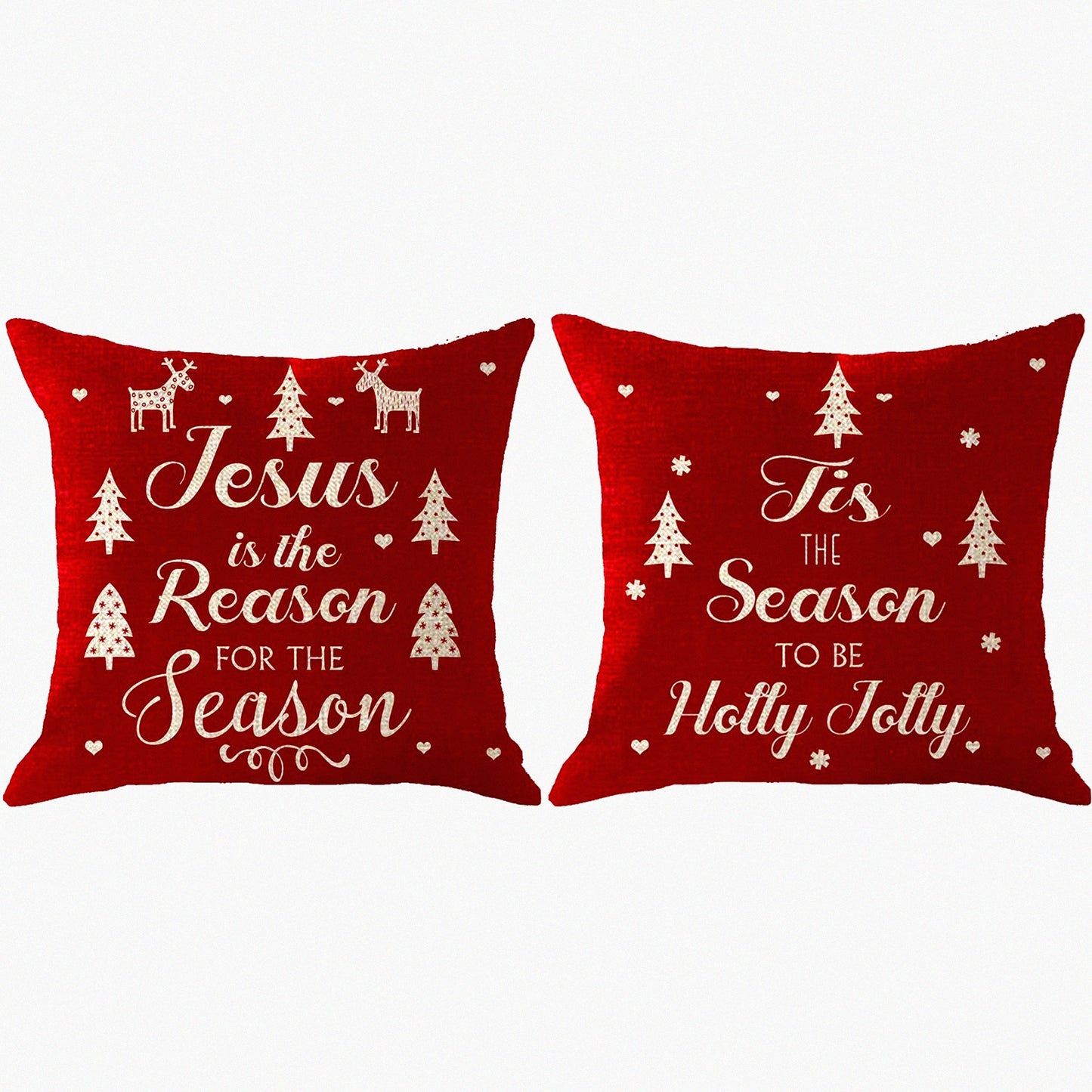 Holiday Cheer Snowflake Deer Tree Heart Pillow Cover - Festive Christmas Decor Cushion Case for Sofa - 18x18 Inch Red Burlap Square