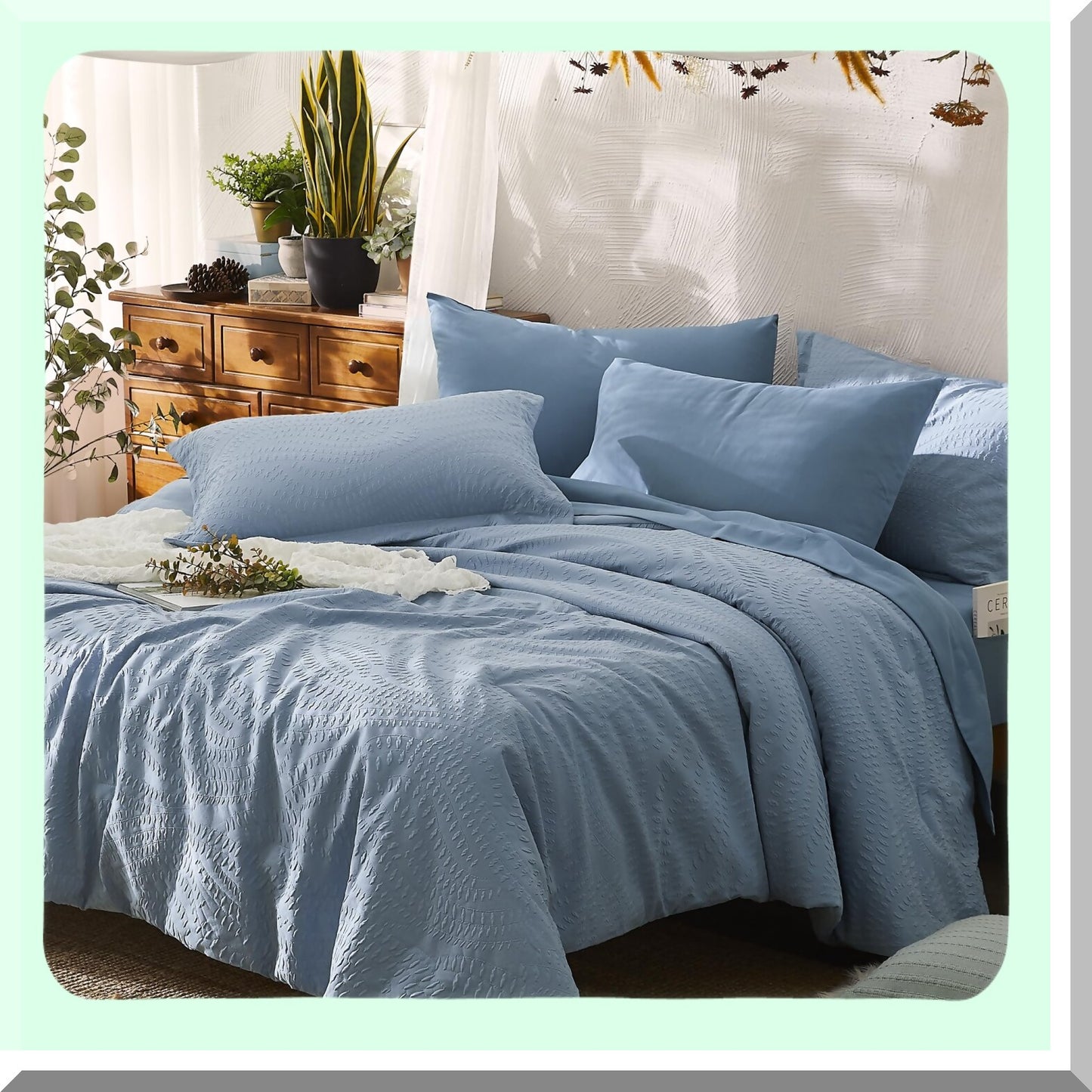Blue Botanical Bliss 7-Piece Bedding Set - Full Size Comforter, Sheets, Pillowcases & Shams - All Season Seersucker Comfort - 80"x90"