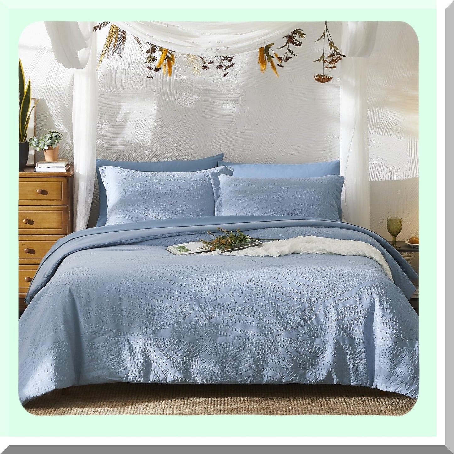 Blue Botanical Bliss 7-Piece Bedding Set - Full Size Comforter, Sheets, Pillowcases & Shams - All Season Seersucker Comfort - 80"x90"