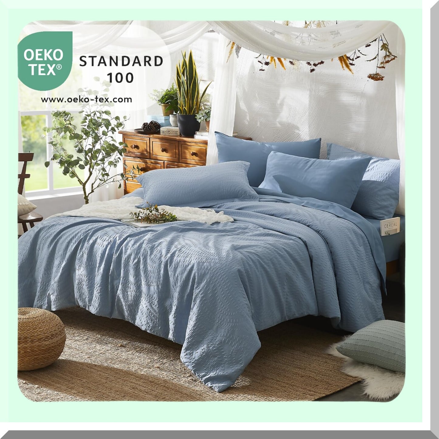 Blue Botanical Bliss 7-Piece Bedding Set - Full Size Comforter, Sheets, Pillowcases & Shams - All Season Seersucker Comfort - 80"x90"