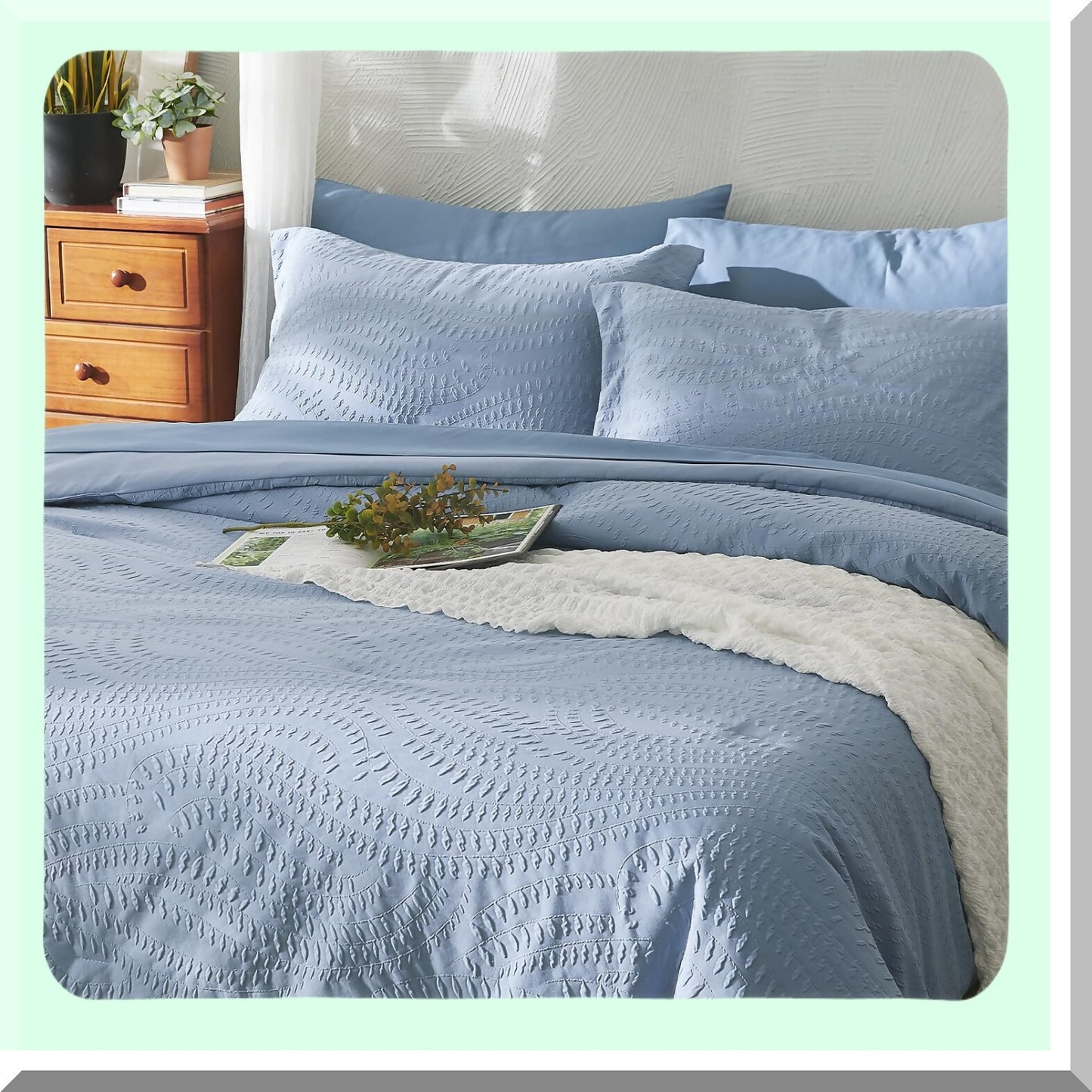 Blue Botanical Bliss 7-Piece Bedding Set - Full Size Comforter, Sheets, Pillowcases & Shams - All Season Seersucker Comfort - 80"x90"