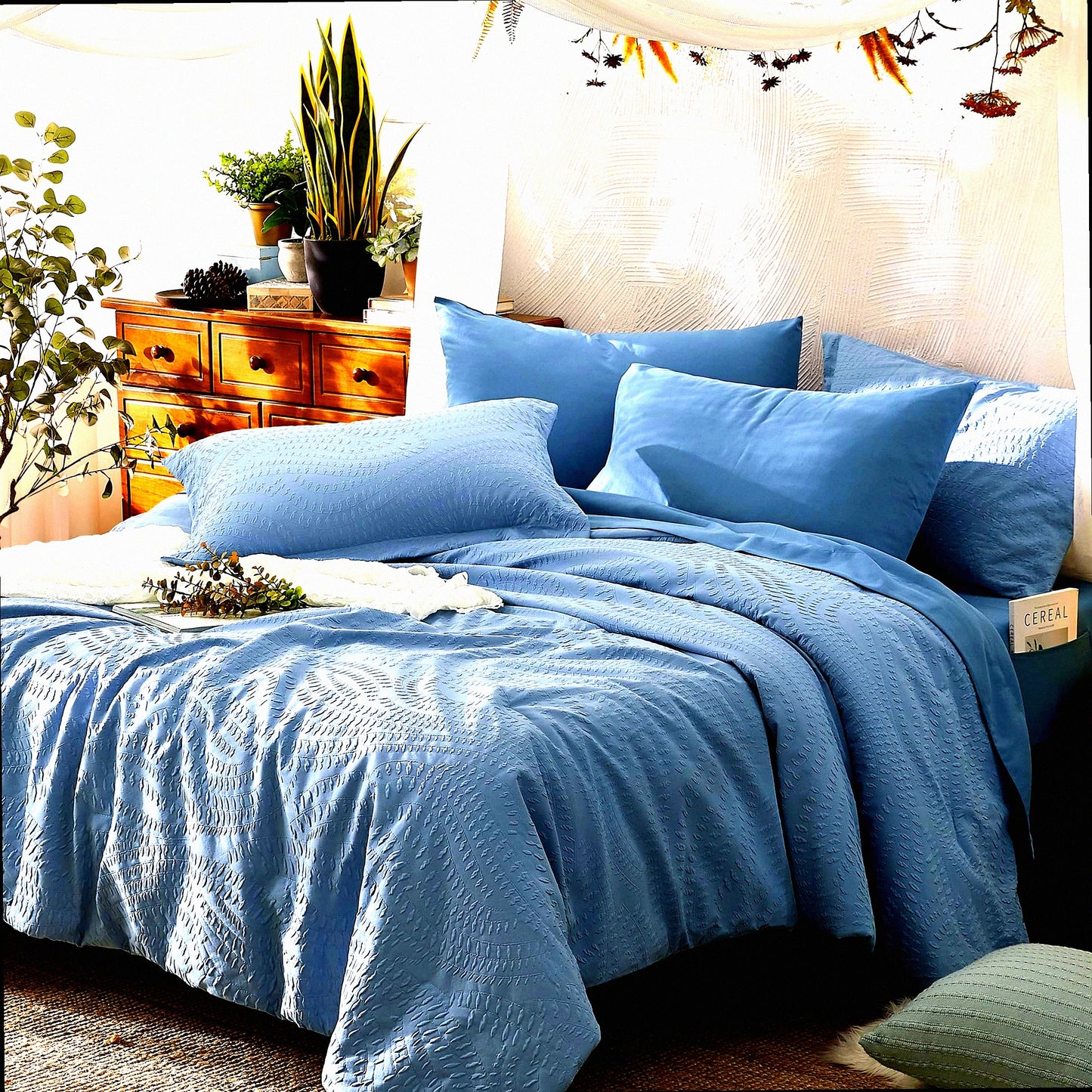 Blue Botanical Bliss 7-Piece Bedding Set - Full Size Comforter, Sheets, Pillowcases & Shams - All Season Seersucker Comfort - 80"x90"