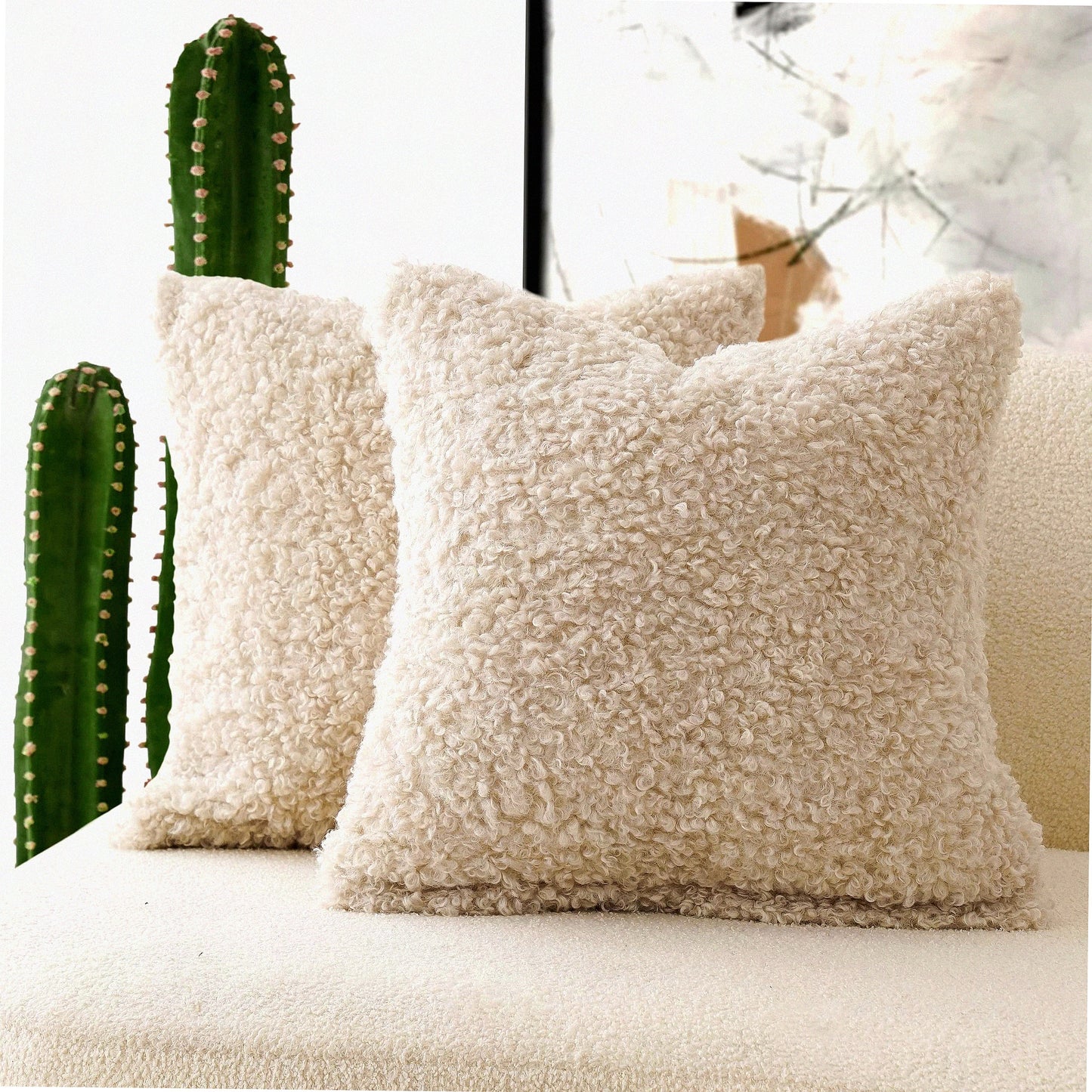 Sherpa Fleece Cozy Pillowcase Set - Soft Sheep Cushion Cover for Bed & Couch - Decorative Accent Pillow Cover - 18x18 Inch Neutral Cream - Pack of 2