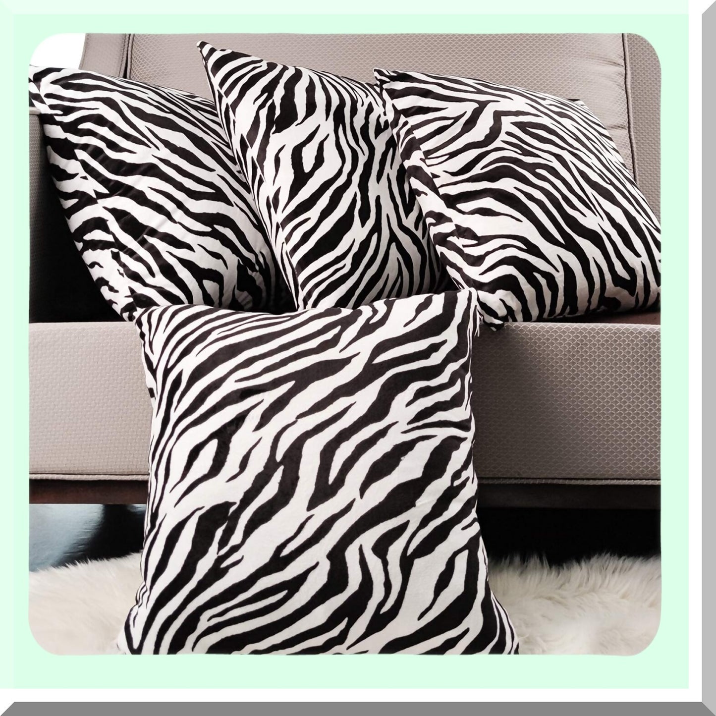 Zebra Print Velvet Pillow Cover Set - Soft Cushion Decorative Square Throw Covers for Couch, Sofa, Patio Chair, Bedroom, Home, Car - 4-Pack 18x18"