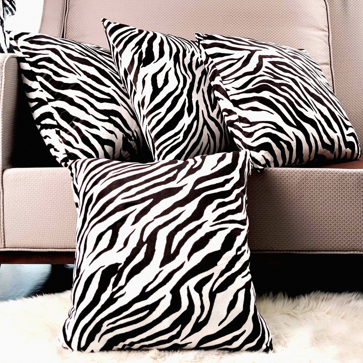 Zebra Print Velvet Pillow Cover Set - Soft Cushion Decorative Square Throw Covers for Couch, Sofa, Patio Chair, Bedroom, Home, Car - 4-Pack 18x18"