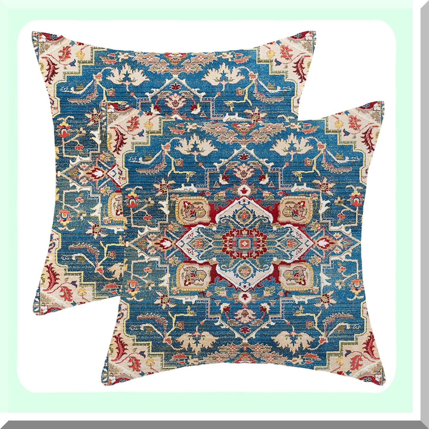 Ethnic Linen Boho Pillow Covers - Set of 2 18x18 Blue Red Carpet Pattern Farmhouse Bohemian Cushion Throw Pillows for Sofa Couch Outdoor Decor