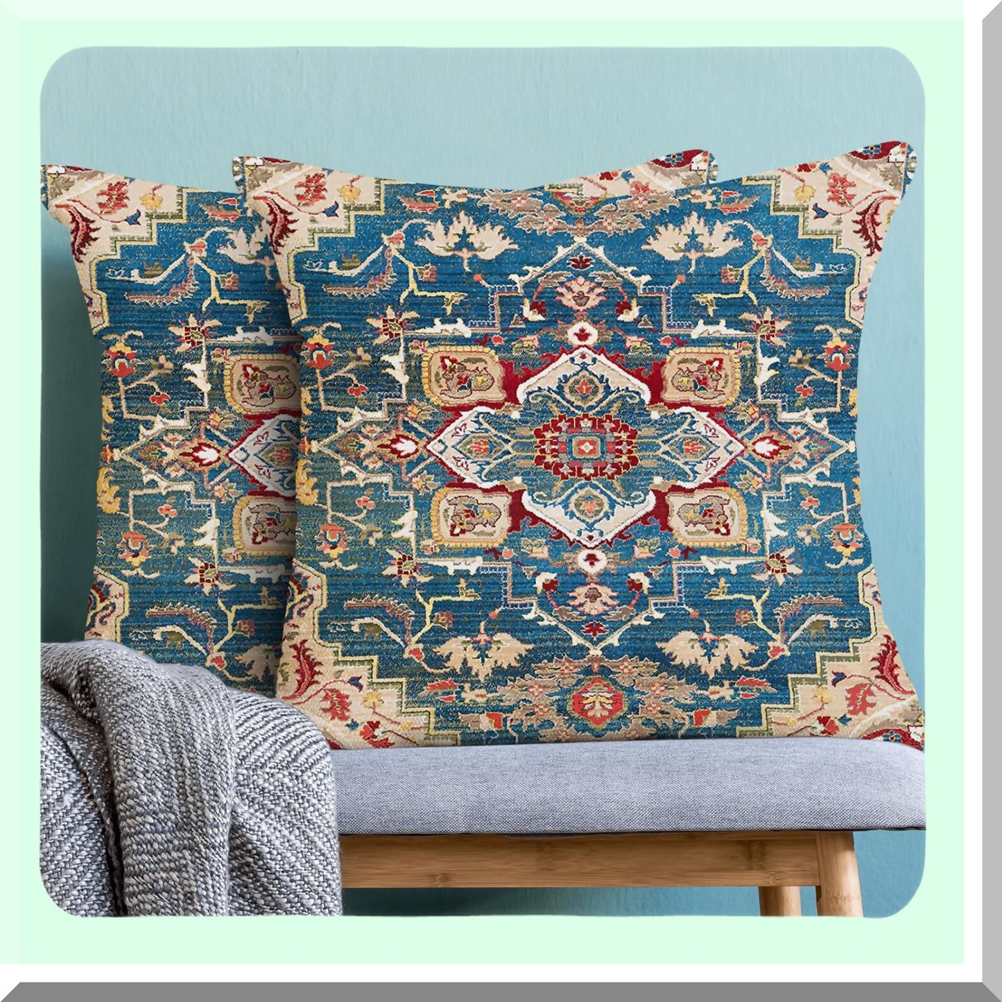 Ethnic Linen Boho Pillow Covers - Set of 2 18x18 Blue Red Carpet Pattern Farmhouse Bohemian Cushion Throw Pillows for Sofa Couch Outdoor Decor